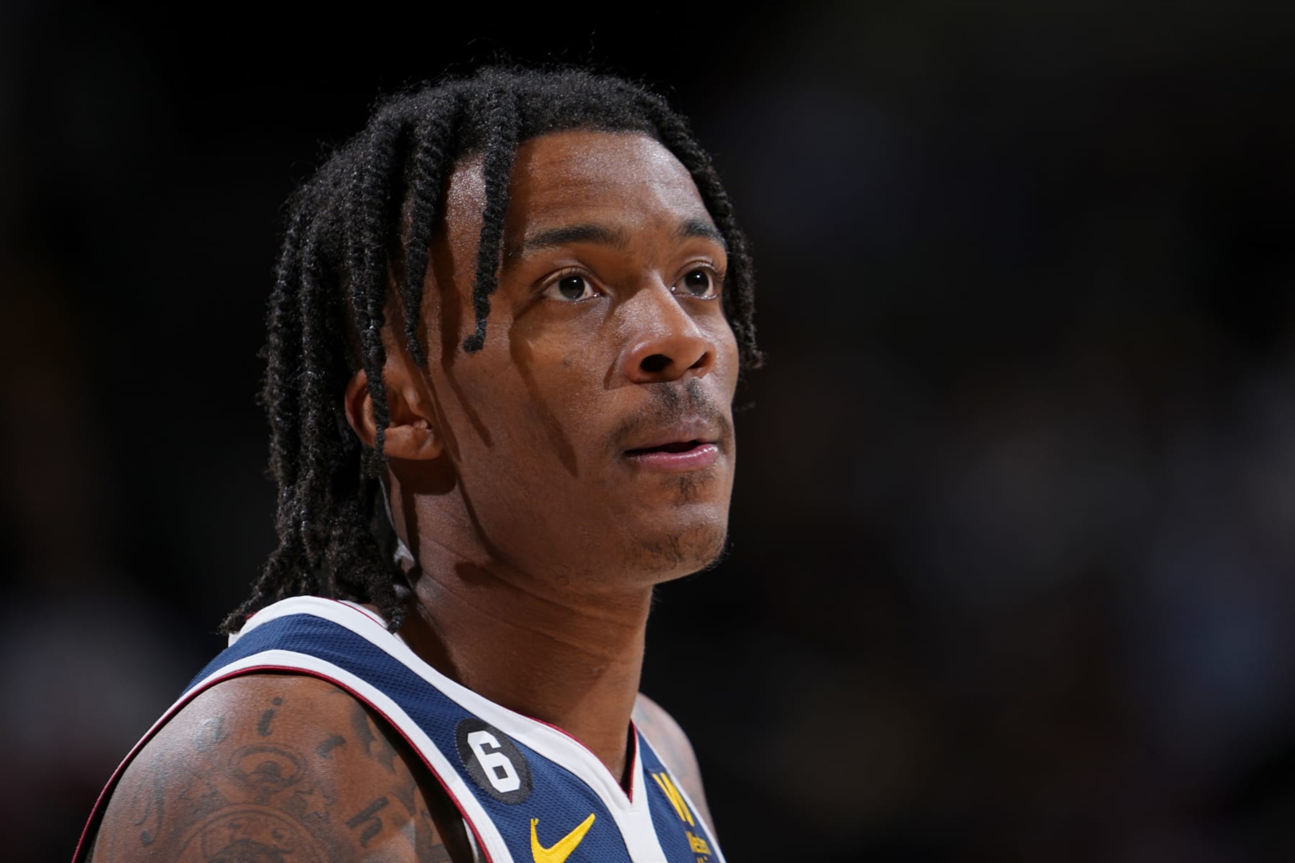 DENVER, CO - JANUARY 20: Bones Hyland #3 of the Denver Nuggets looks on during the game against the Indiana Pacers on January 20, 2023 at the Ball Arena in Denver, Colorado. NOTE TO USER: User expressly acknowledges and agrees that, by downloading and/or using this Photograph, user is consenting to the terms and conditions of the Getty Images License Agreement. Mandatory Copyright Notice: Copyright 2023 NBAE (Photo by Bart Young/NBAE via Getty Images)
