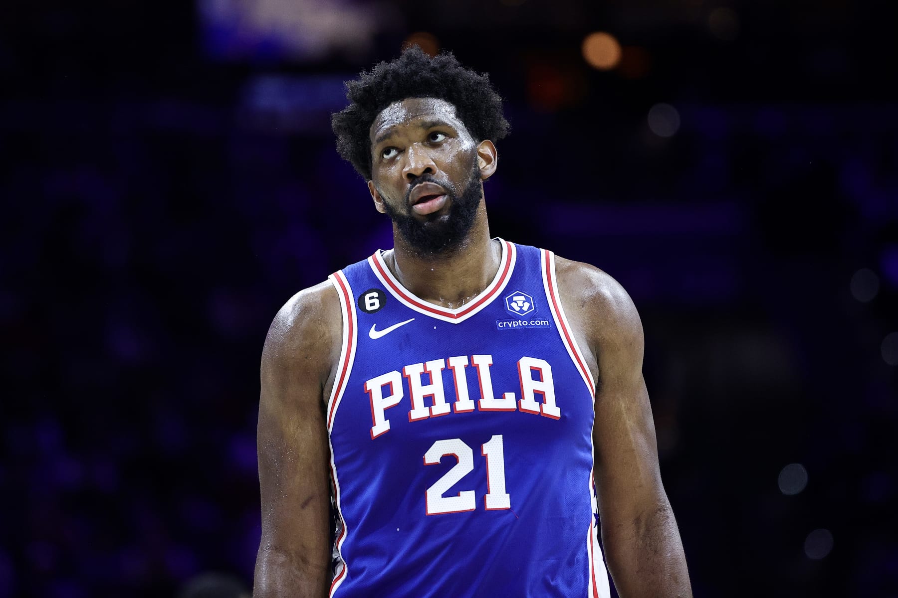 PHILADELPHIA, PENNSYLVANIA - FEBRUARY 23: Joel Embiid #21 of the Philadelphia 76ers looks on during the third quarter against the Memphis Grizzlies at Wells Fargo Center on February 23, 2023 in Philadelphia, Pennsylvania. NOTE TO USER: User expressly acknowledges and agrees that, by downloading and or using this photograph, User is consenting to the terms and conditions of the Getty Images License Agreement. (Photo by Tim Nwachukwu/Getty Images)