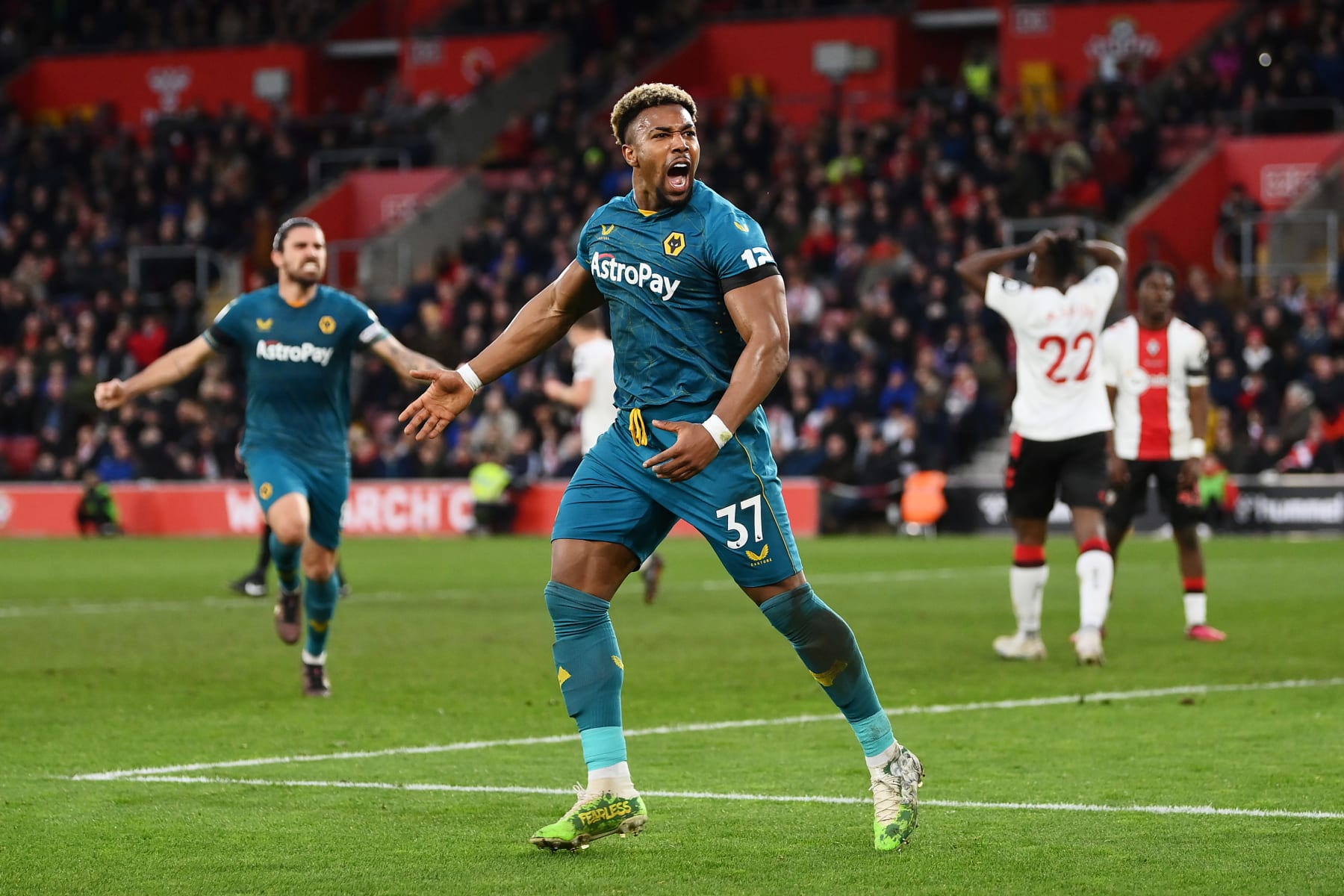 SOUTHAMPTON, ENGLAND - FEBRUARY 11: Adama Traore of Wolverhampton Wanderers celebrates his team's first goal, an own goal scored by Jan Bednarek of Southampton (out of frame) during the Premier League match between Southampton FC and Wolverhampton Wanderers at Friends Provident St. Mary's Stadium on February 11, 2023 in Southampton, England. (Photo by Dan Mullan/Getty Images)