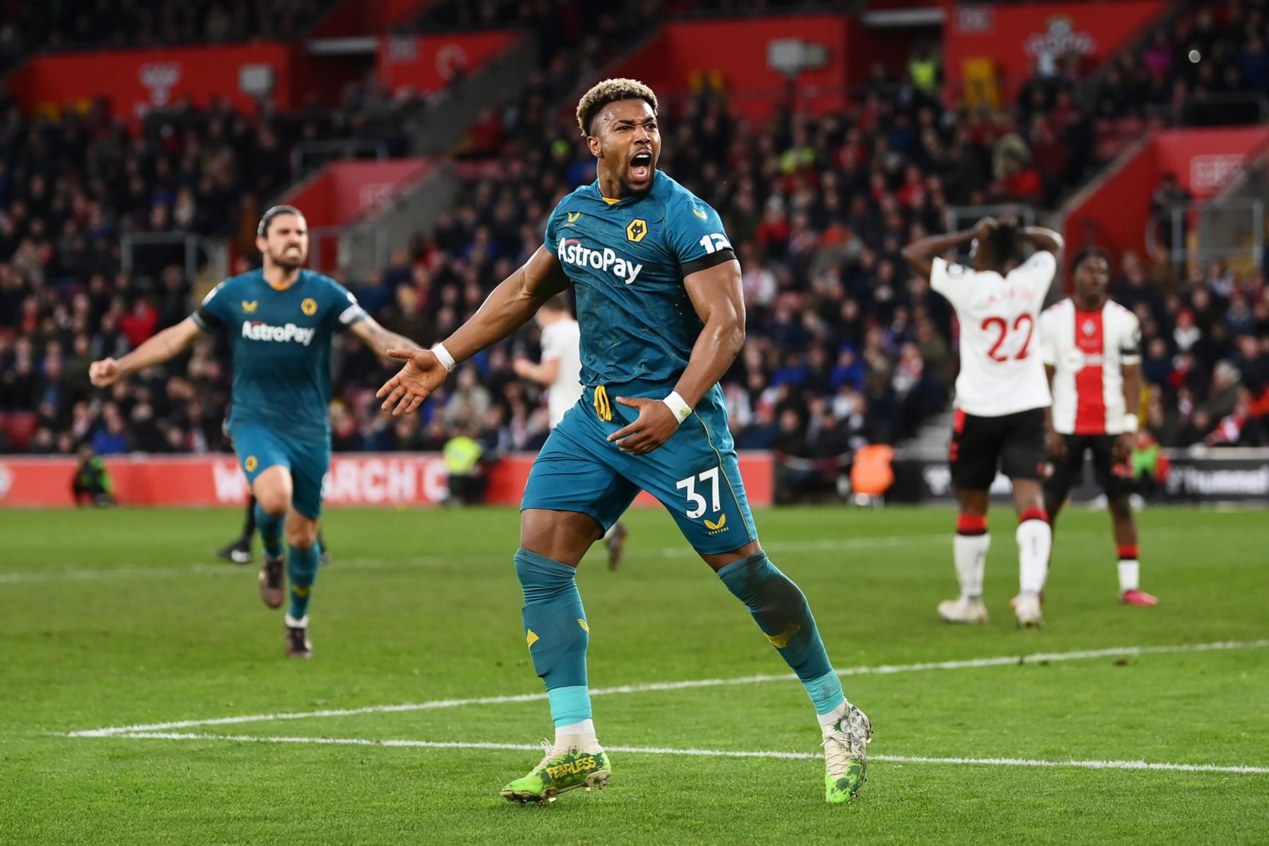 SOUTHAMPTON, ENGLAND - FEBRUARY 11: Adama Traore of Wolverhampton Wanderers celebrates his team's first goal, an own goal scored by Jan Bednarek of Southampton (out of frame) during the Premier League match between Southampton FC and Wolverhampton Wanderers at Friends Provident St. Mary's Stadium on February 11, 2023 in Southampton, England. (Photo by Dan Mullan/Getty Images) SOUTHAMPTON, ENGLAND - FEBRUARY 11: Adama Traore of Wolverhampton Wanderers celebrates his team's first goal, an own goal scored by Jan Bednarek of Southampton (out of frame) during the Premier League match between Southampton FC and Wolverhampton Wanderers at Friends Provident St. Mary's Stadium on February 11, 2023 in Southampton, England. (Photo by Dan Mullan/Getty Images)