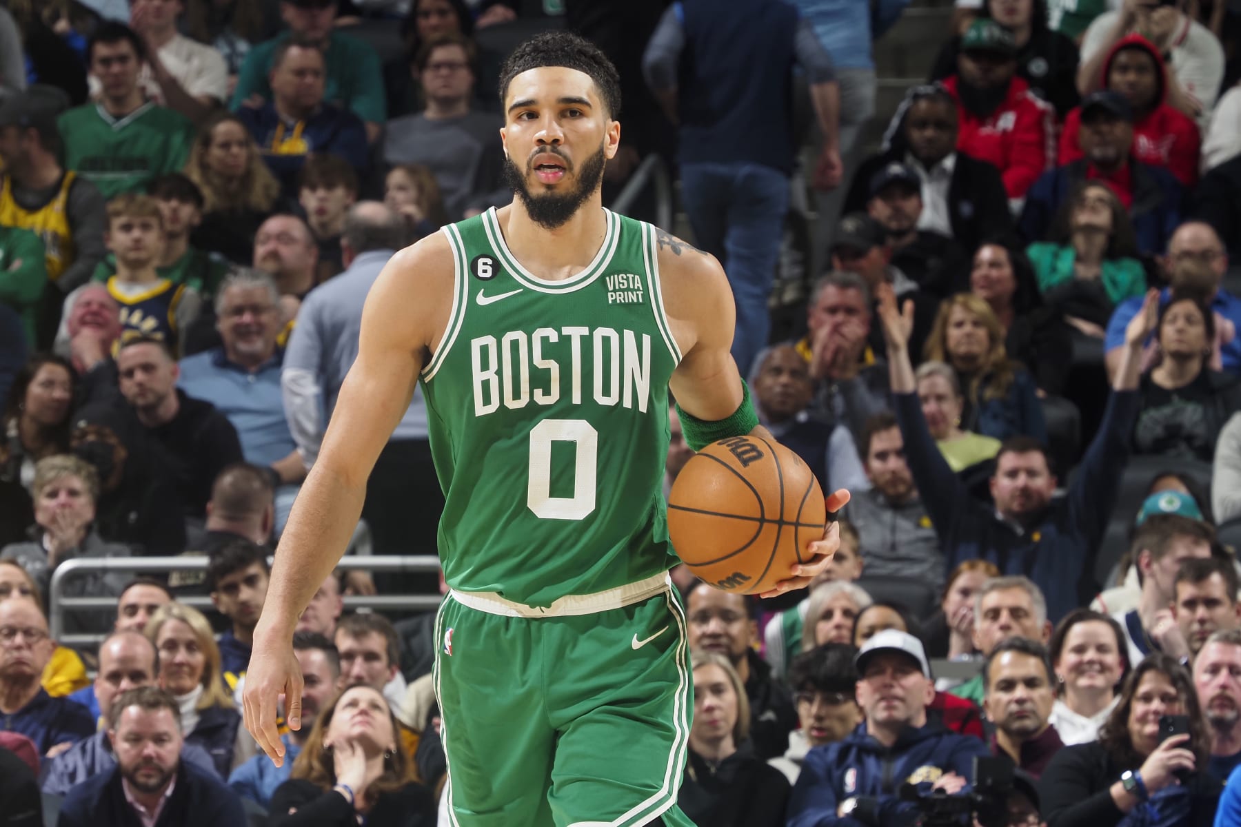 INDIANAPOLIS, IN - FEBRUARY 23: Jayson Tatum #0 of the Boston Celtics looks on during the game against the Indiana Pacers on February 23, 2023 at Gainbridge Fieldhouse in Indianapolis, Indiana. NOTE TO USER: User expressly acknowledges and agrees that, by downloading and or using this Photograph, user is consenting to the terms and conditions of the Getty Images License Agreement. Mandatory Copyright Notice: Copyright 2023 NBAE (Photo by Ron Hoskins/NBAE via Getty Images)