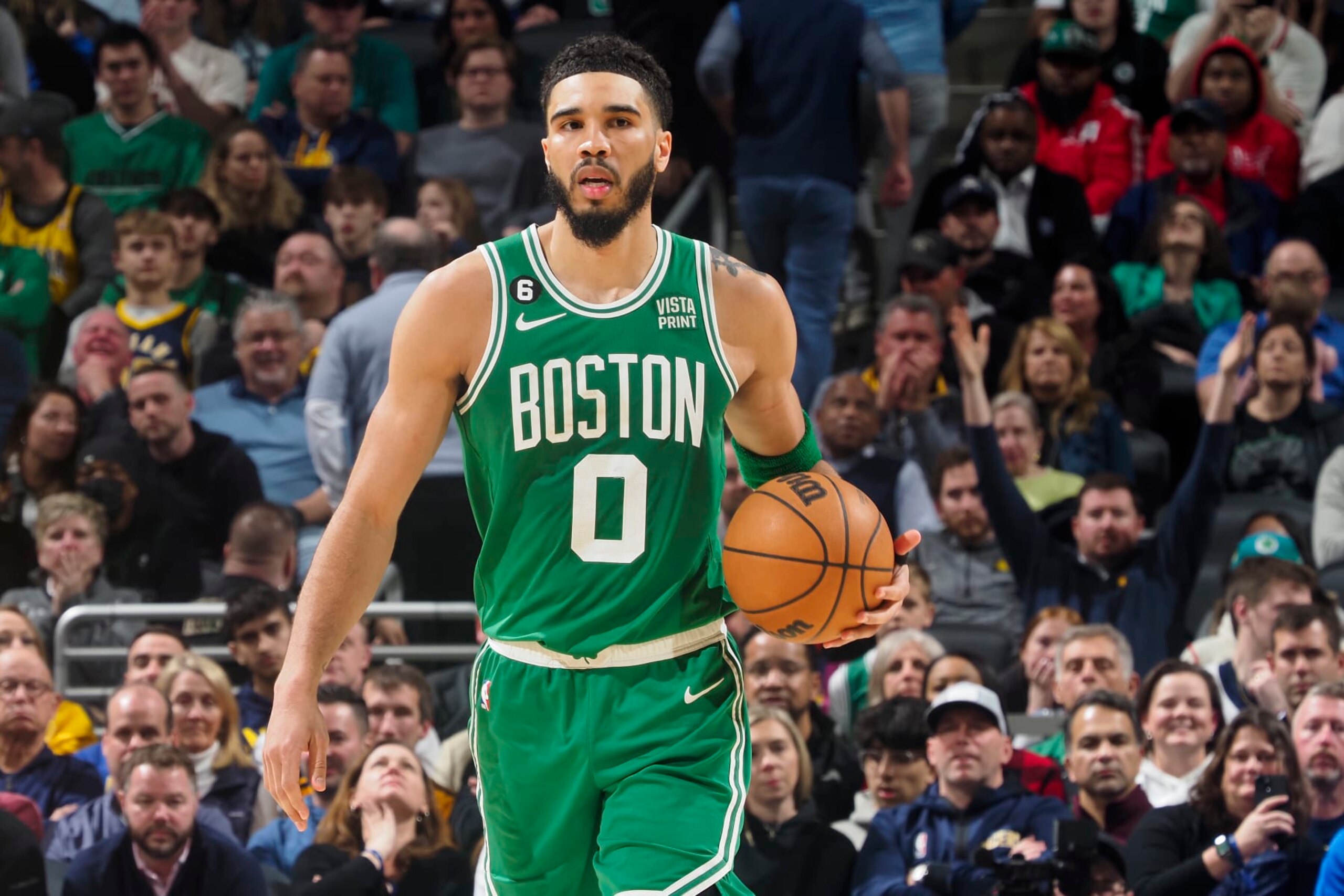 INDIANAPOLIS, IN - FEBRUARY 23: Jayson Tatum #0 of the Boston Celtics looks on during the game against the Indiana Pacers on February 23, 2023 at Gainbridge Fieldhouse in Indianapolis, Indiana. NOTE TO USER: User expressly acknowledges and agrees that, by downloading and or using this Photograph, user is consenting to the terms and conditions of the Getty Images License Agreement. Mandatory Copyright Notice: Copyright 2023 NBAE (Photo by Ron Hoskins/NBAE via Getty Images)