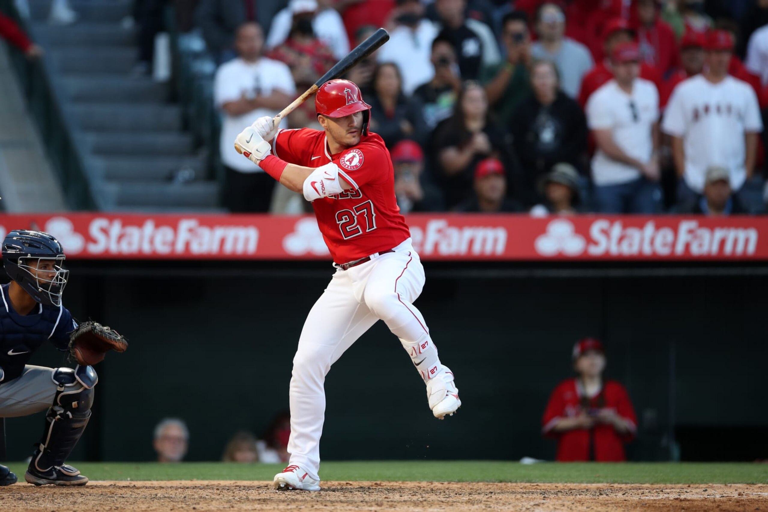 ANAHEIM, CA - MAY 11: Mike Trout #27 of the Los Angeles Angels bats during the game against the Tampa Bay Rays at Angel Stadium of Anaheim on May 11, 2022 in Anaheim, California. The Rays defeated the Angels 4-2. (Photo by Rob Leiter/MLB Photos via Getty Images) ANAHEIM, CA - MAY 11: Mike Trout #27 of the Los Angeles Angels bats during the game against the Tampa Bay Rays at Angel Stadium of Anaheim on May 11, 2022 in Anaheim, California. The Rays defeated the Angels 4-2. (Photo by Rob Leiter/MLB Photos via Getty Images)