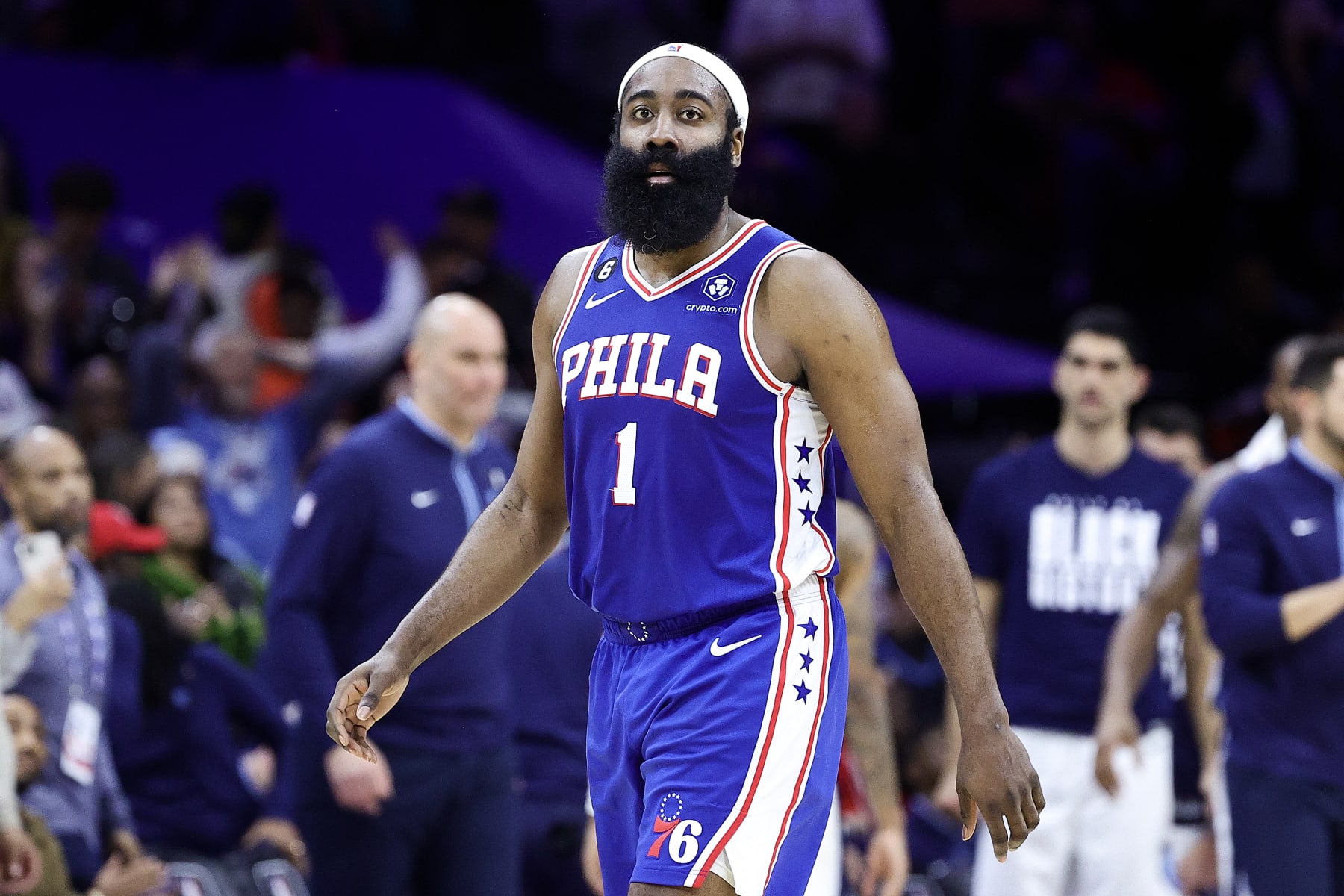 PHILADELPHIA, PENNSYLVANIA - FEBRUARY 23: James Harden #1 of the Philadelphia 76ers looks on during the fourth quarter against the Memphis Grizzlies at Wells Fargo Center on February 23, 2023 in Philadelphia, Pennsylvania. NOTE TO USER: User expressly acknowledges and agrees that, by downloading and or using this photograph, User is consenting to the terms and conditions of the Getty Images License Agreement. (Photo by Tim Nwachukwu/Getty Images)