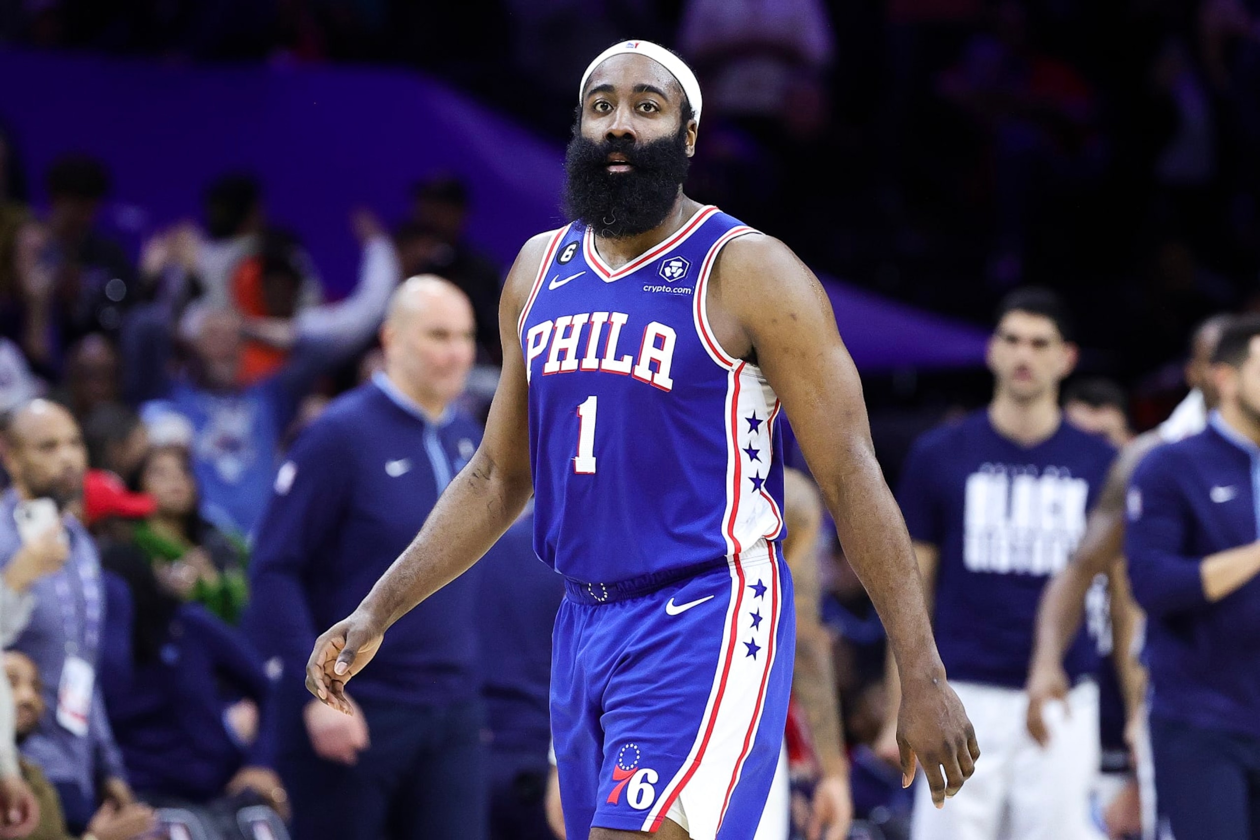 PHILADELPHIA, PENNSYLVANIA - FEBRUARY 23: James Harden #1 of the Philadelphia 76ers looks on during the fourth quarter against the Memphis Grizzlies at Wells Fargo Center on February 23, 2023 in Philadelphia, Pennsylvania. NOTE TO USER: User expressly acknowledges and agrees that, by downloading and or using this photograph, User is consenting to the terms and conditions of the Getty Images License Agreement. (Photo by Tim Nwachukwu/Getty Images)