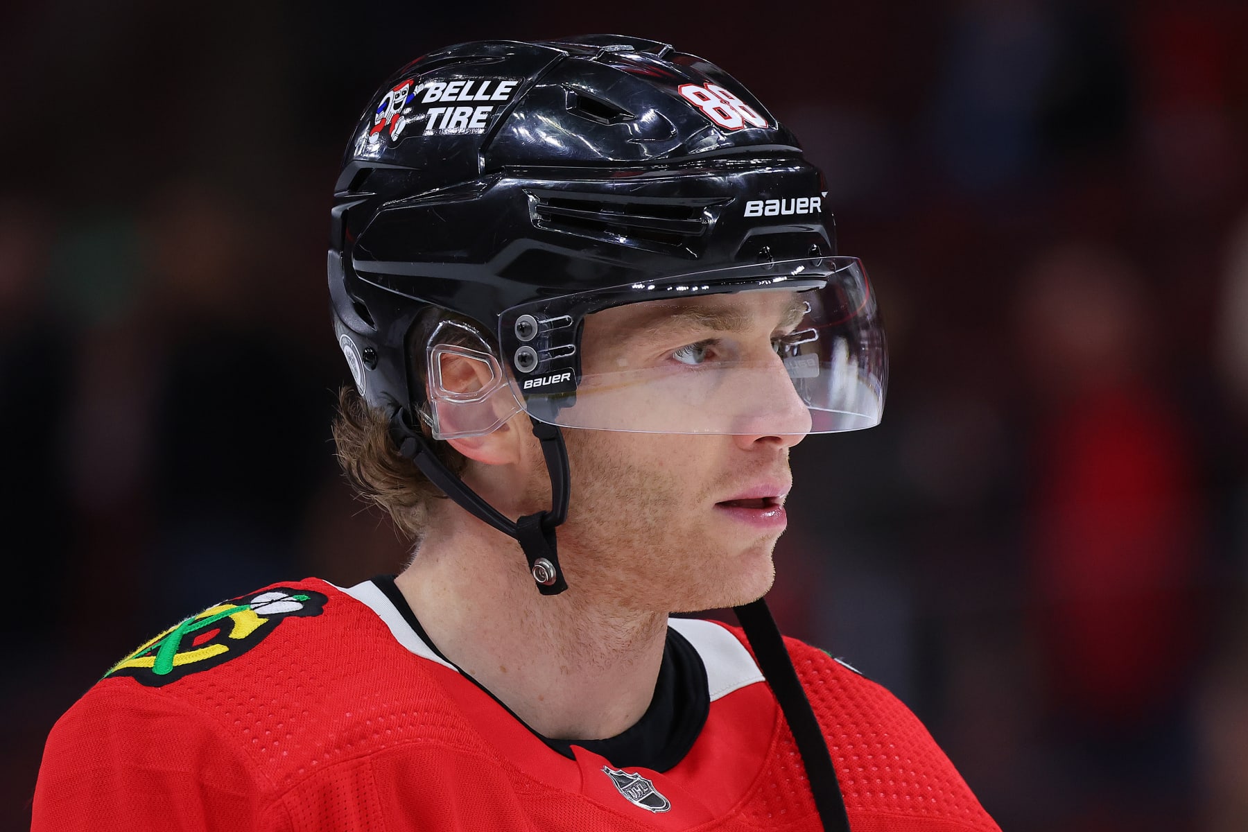 CHICAGO, ILLINOIS - FEBRUARY 21: Patrick Kane #88 of the Chicago Blackhawks looks on prior to the game against the Vegas Golden Knights at United Center on February 21, 2023 in Chicago, Illinois. (Photo by Michael Reaves/Getty Images)