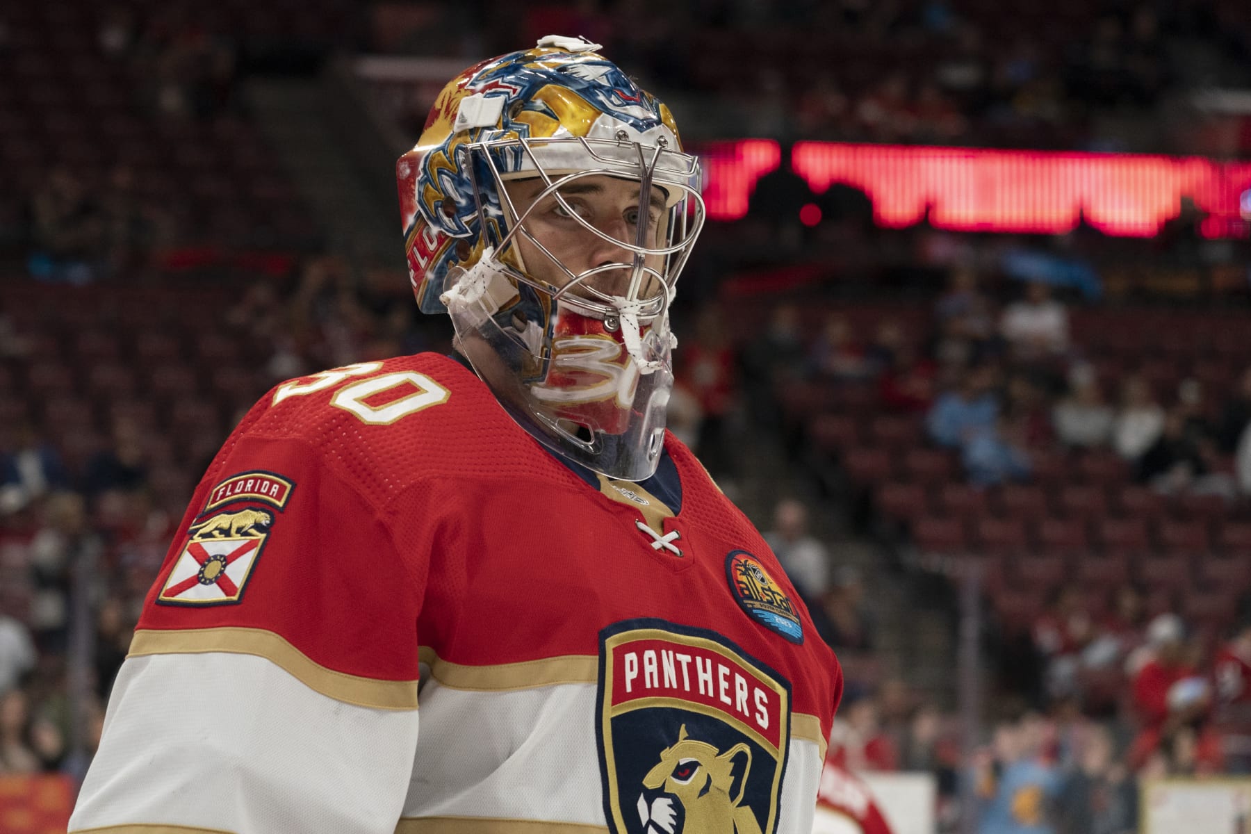 SUNRISE, FL - DECEMBER 29: Spencer Knight #30 of the Florida Panthers looks on before the game between the Florida Panthers and the Montreal Canadiens at FLA Live Arena in Sunrise, FL on December 29, 2022. (Photo by Jason Mowry/Icon Sportswire via Getty Images)