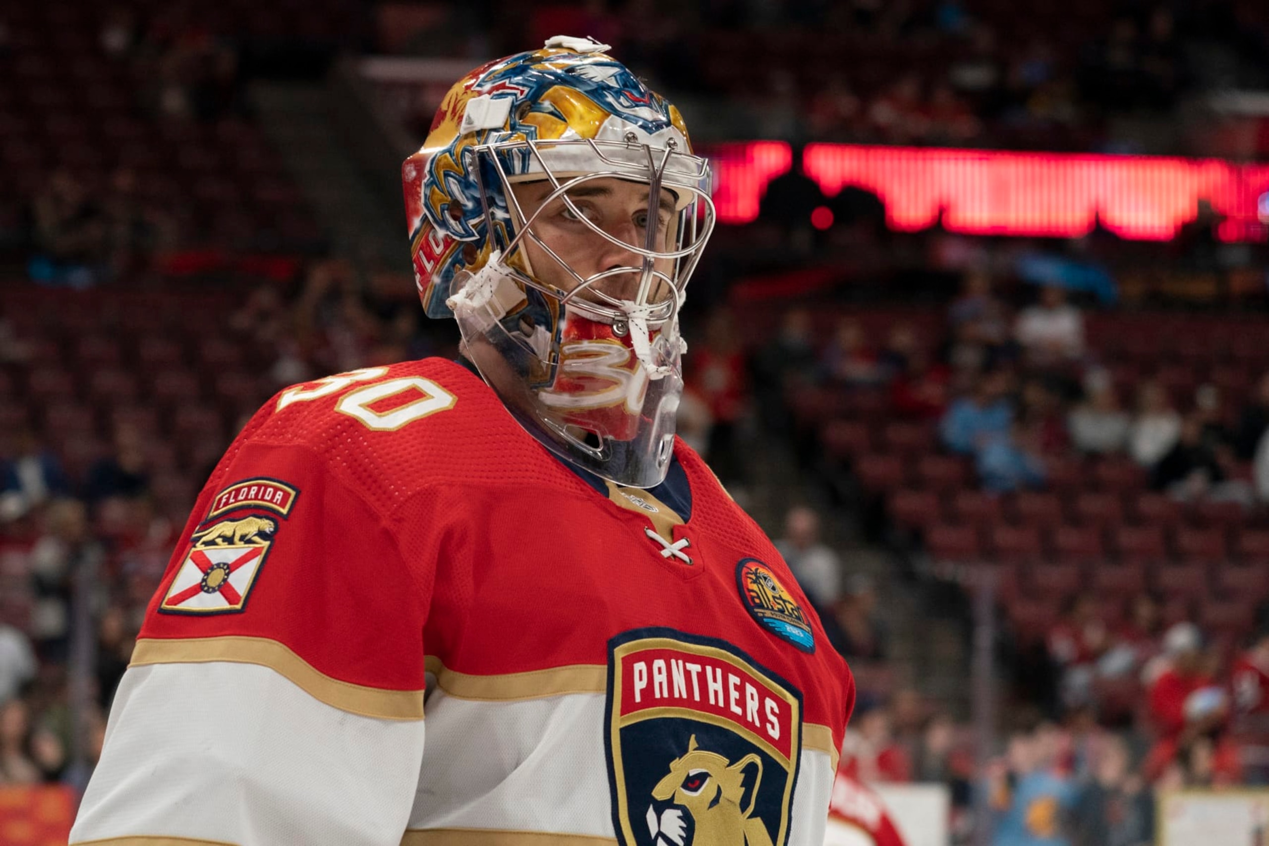 SUNRISE, FL - DECEMBER 29: Spencer Knight #30 of the Florida Panthers looks on before the game between the Florida Panthers and the Montreal Canadiens at FLA Live Arena in Sunrise, FL on December 29, 2022. (Photo by Jason Mowry/Icon Sportswire via Getty Images)