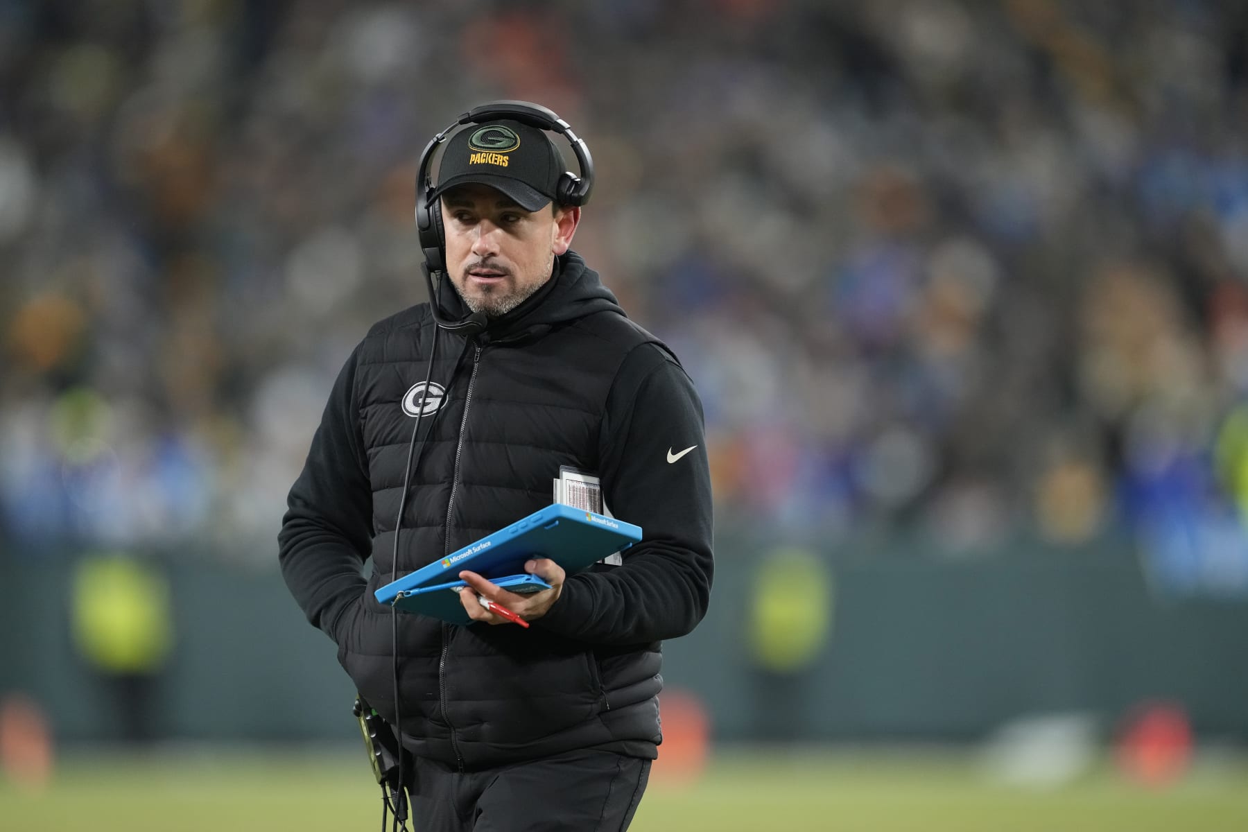 GREEN BAY, WISCONSIN - JANUARY 08: Head coach Matt LaFleur of the Green Bay Packers reacts during the second half against the Detroit Lions at Lambeau Field on January 08, 2023 in Green Bay, Wisconsin. (Photo by Patrick McDermott/Getty Images)
