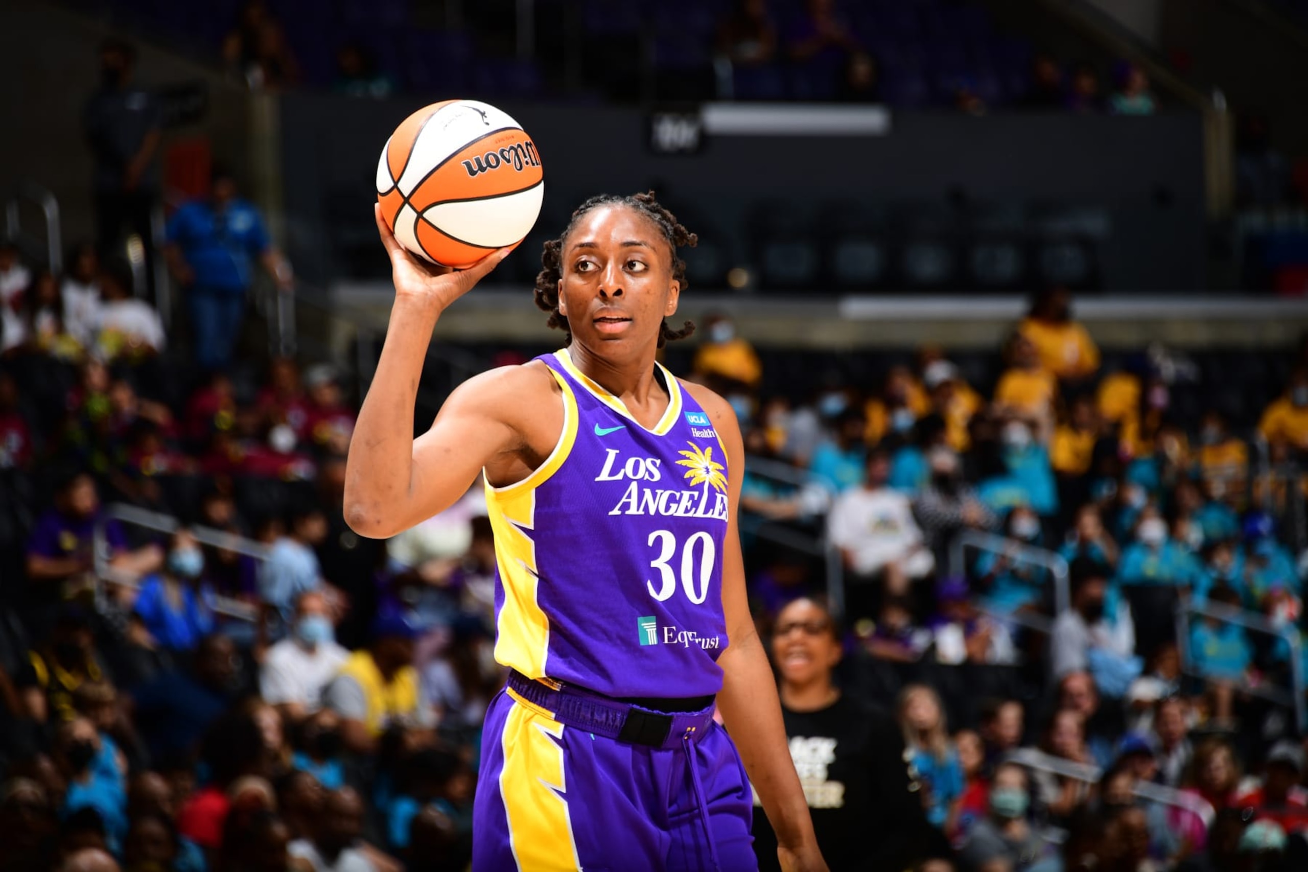 LOS ANGELES, CA - JULY 21: Nneka Ogwumike #30 of the Los Angeles Sparks looks on during the game against the Atlanta Dream on July 21, 2022 at Crypto.com Arena in Los Angeles, California. NOTE TO USER: User expressly acknowledges and agrees that, by downloading and/or using this Photograph, user is consenting to the terms and conditions of the Getty Images License Agreement. Mandatory Copyright Notice: Copyright 2022 NBAE (Photo by Adam Pantozzi/NBAE via Getty Images)