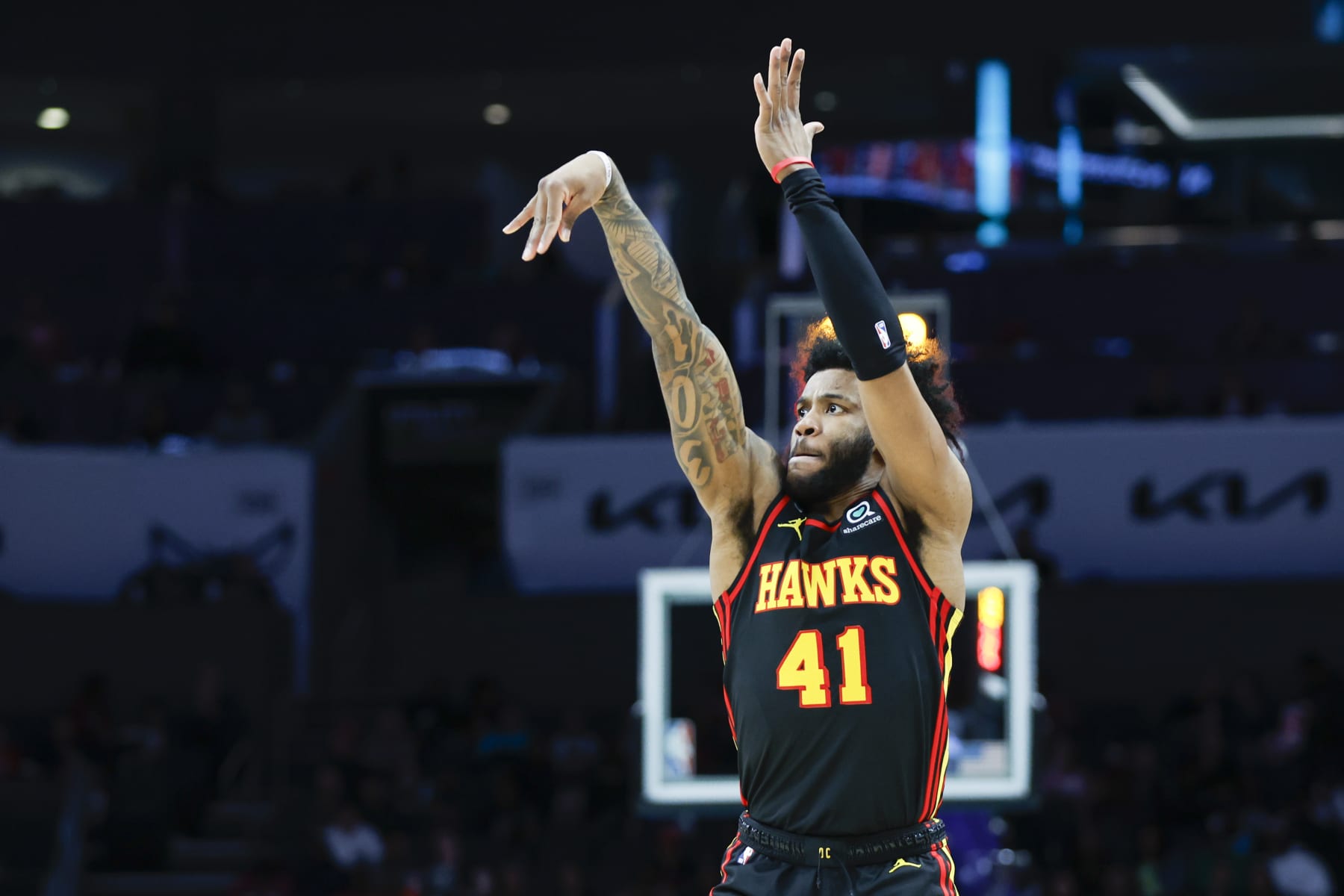 Atlanta Hawks forward Saddiq Bey shoots against the Charlotte Hornets during the second half of an NBA basketball game in Charlotte, N.C., Monday, Feb. 13, 2023. Charlotte won 144-138. (AP Photo/Nell Redmond)