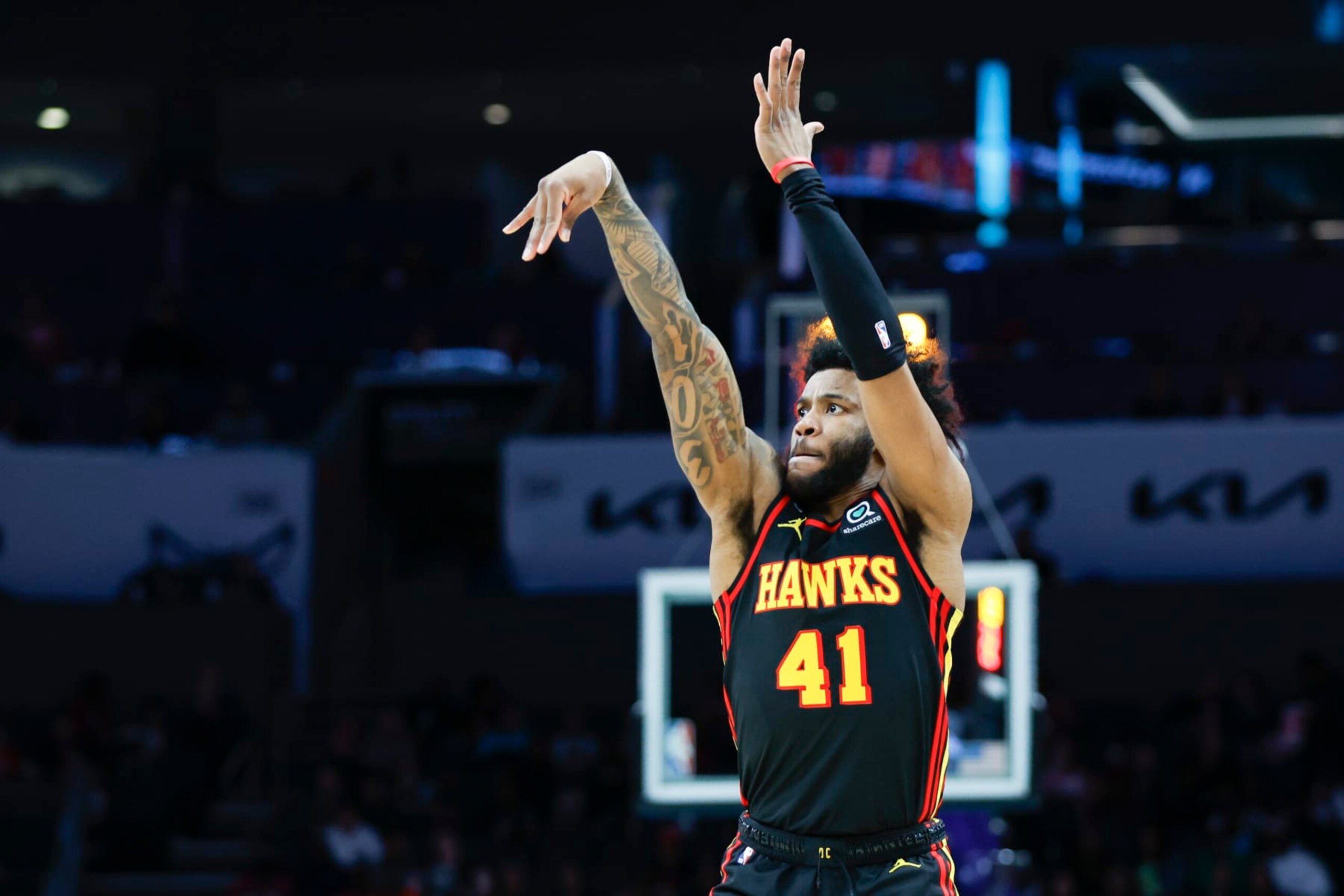 Atlanta Hawks forward Saddiq Bey shoots against the Charlotte Hornets during the second half of an NBA basketball game in Charlotte, N.C., Monday, Feb. 13, 2023. Charlotte won 144-138. (AP Photo/Nell Redmond)