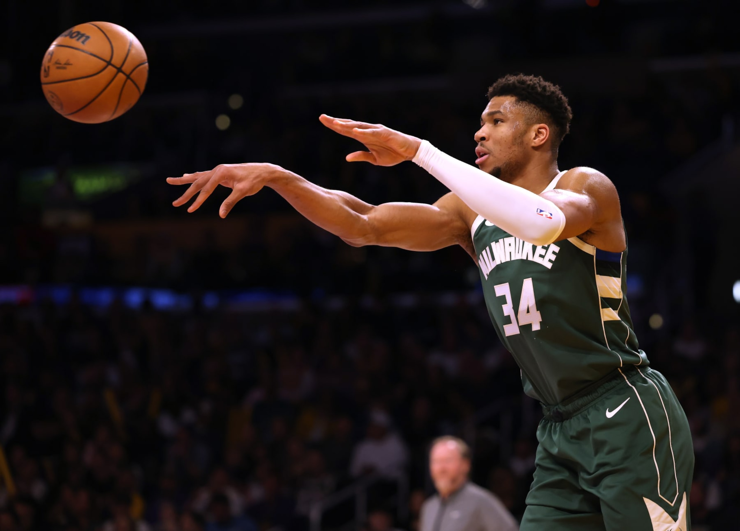 LOS ANGELES, CALIFORNIA - FEBRUARY 09: Giannis Antetokounmpo #34 of the Milwaukee Bucks inbounds the ball during a 115-106 Bucks win over the Los Angeles Lakers at Crypto.com Arena on February 09, 2023 in Los Angeles, California. NOTE TO USER: User expressly acknowledges and agrees that, by downloading and or using this photograph, User is consenting to the terms and conditions of the Getty Images License Agreement. (Photo by Harry How/Getty Images)