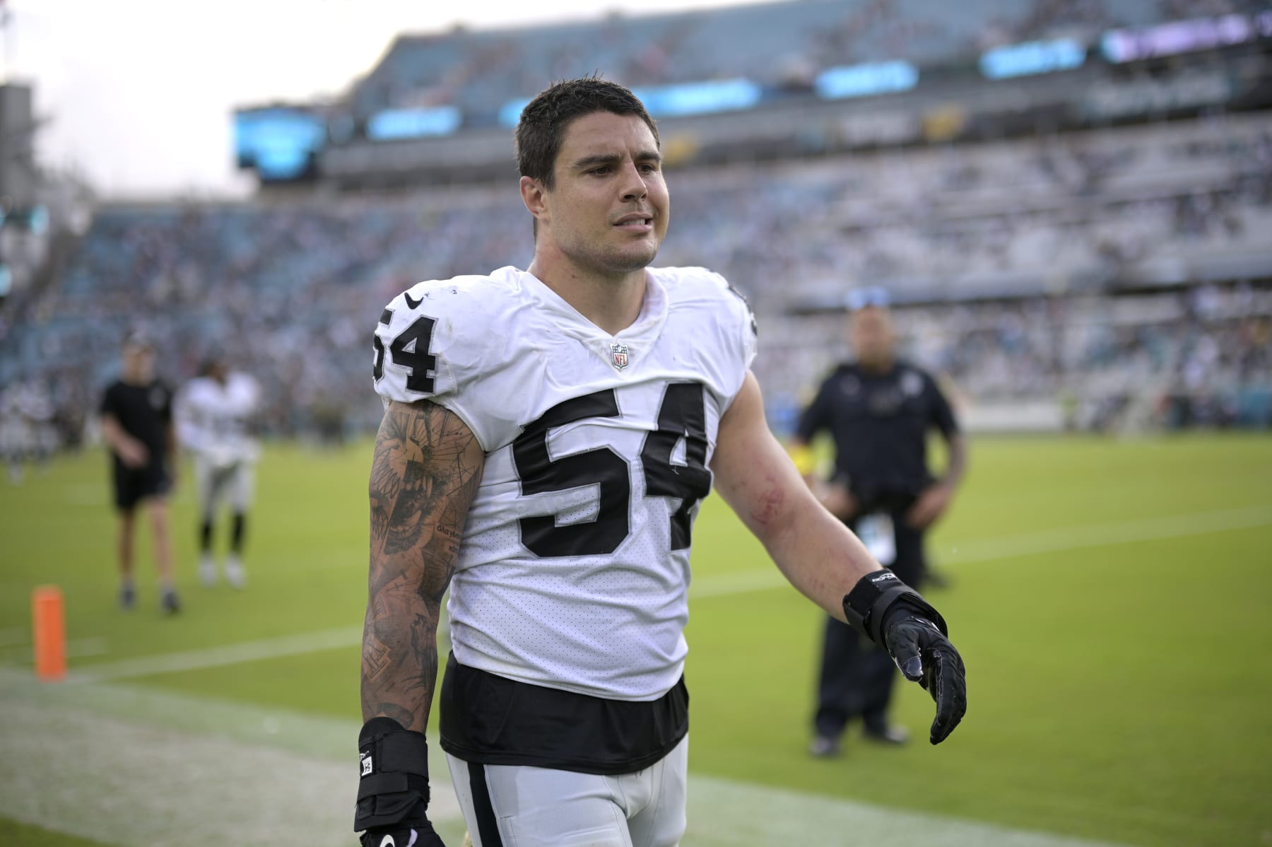 Las Vegas Raiders linebacker Blake Martinez (54) leaves the field after a loss to the Jacksonville Jaguars during an NFL football game, Sunday, Nov. 6, 2022, in Jacksonville, Fla. (AP Photo/Phelan M. Ebenhack)