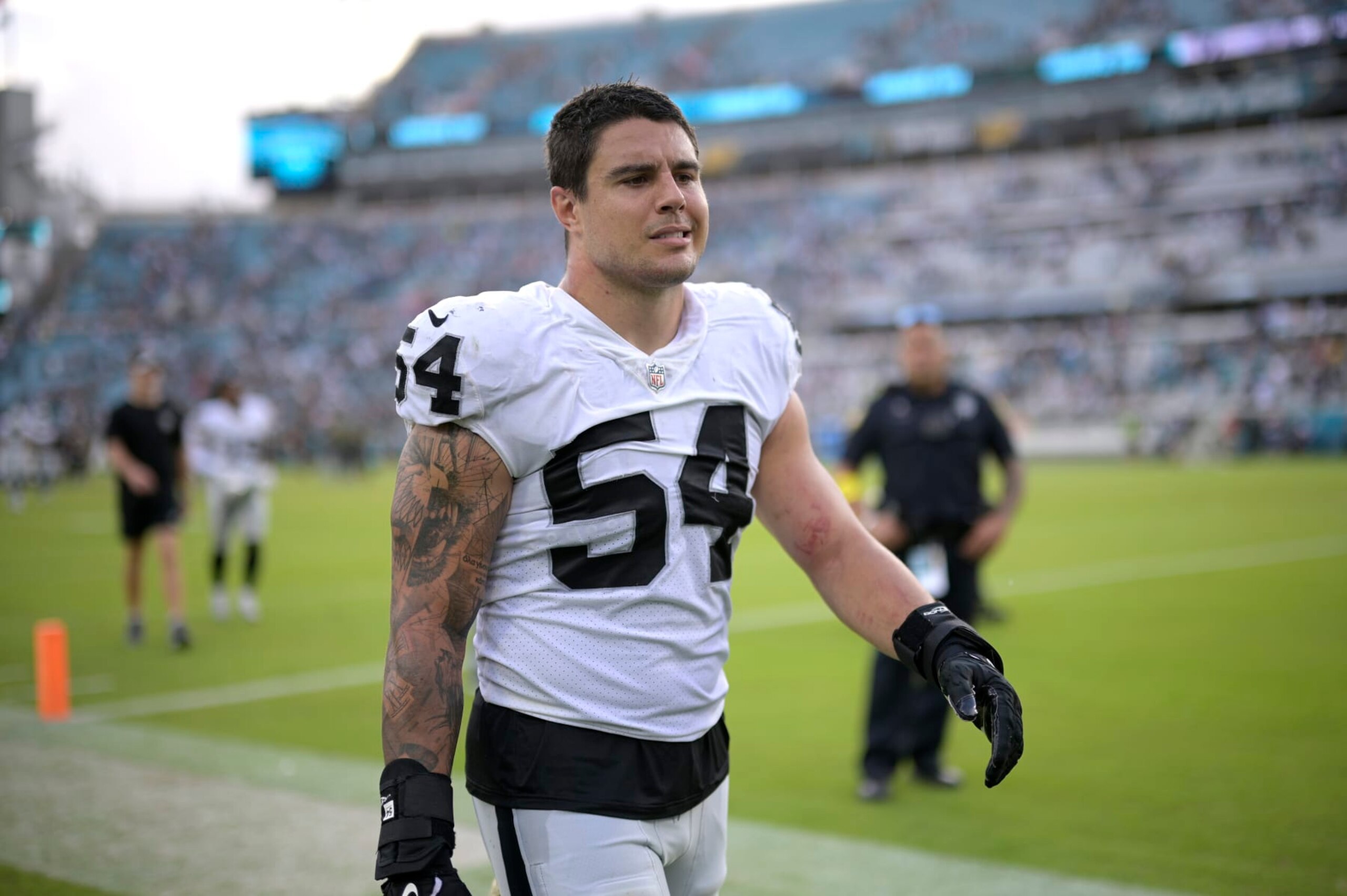Las Vegas Raiders linebacker Blake Martinez (54) leaves the field after a loss to the Jacksonville Jaguars during an NFL football game, Sunday, Nov. 6, 2022, in Jacksonville, Fla. (AP Photo/Phelan M. Ebenhack) Las Vegas Raiders linebacker Blake Martinez (54) leaves the field after a loss to the Jacksonville Jaguars during an NFL football game, Sunday, Nov. 6, 2022, in Jacksonville, Fla. (AP Photo/Phelan M. Ebenhack)