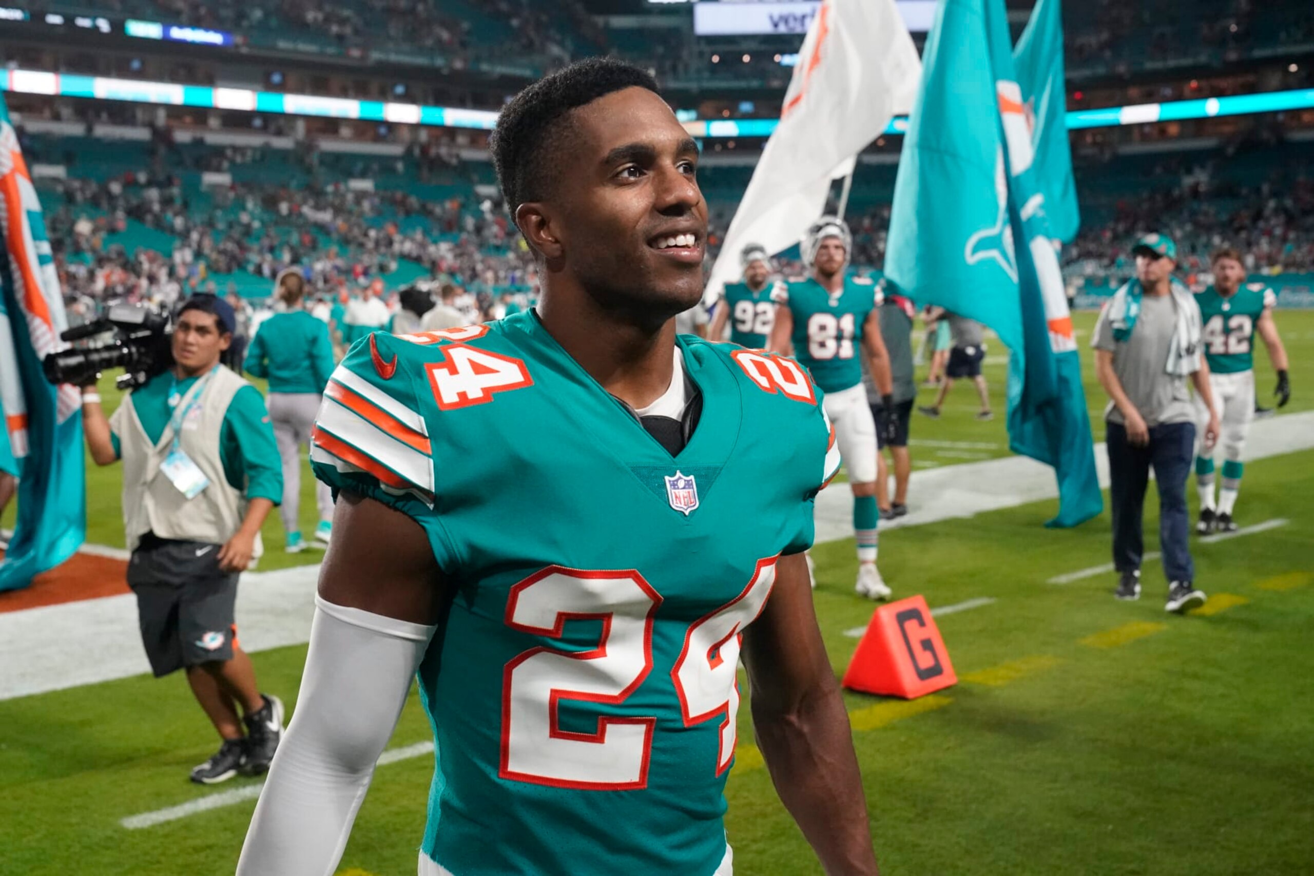 Miami Dolphins cornerback Byron Jones (24) walks off the field following an NFL football game against the New England Patriots, Sunday, Jan. 9, 2022, in Miami Gardens, Fla. (AP Photo/Wilfredo Lee)