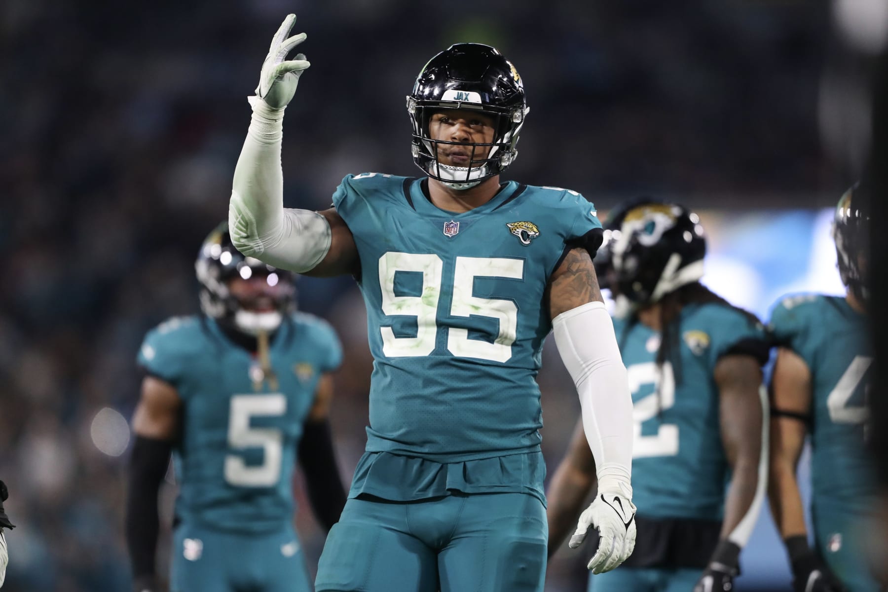 JACKSONVILLE, FLORIDA - JANUARY 07: Roy Robertson-Harris #95 of the Jacksonville Jaguars in action during the second half against the Tennessee Titans at TIAA Bank Field on January 07, 2023 in Jacksonville, Florida. (Photo by Courtney Culbreath/Getty Images)