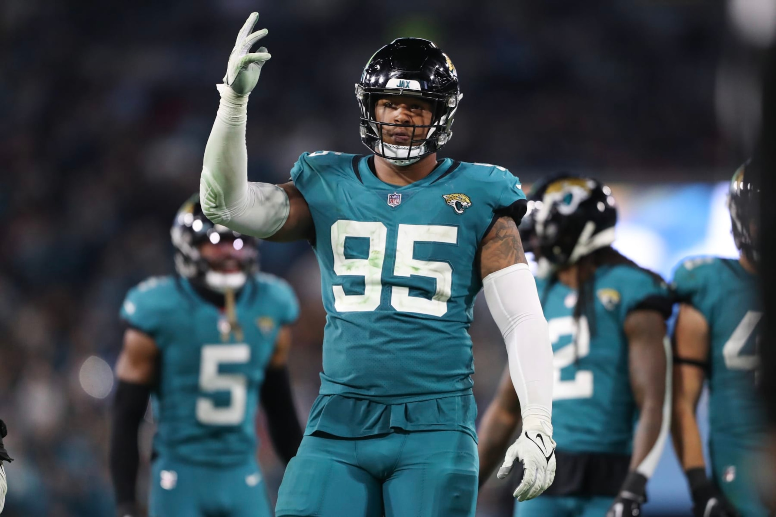 JACKSONVILLE, FLORIDA - JANUARY 07: Roy Robertson-Harris #95 of the Jacksonville Jaguars in action during the second half against the Tennessee Titans at TIAA Bank Field on January 07, 2023 in Jacksonville, Florida. (Photo by Courtney Culbreath/Getty Images)