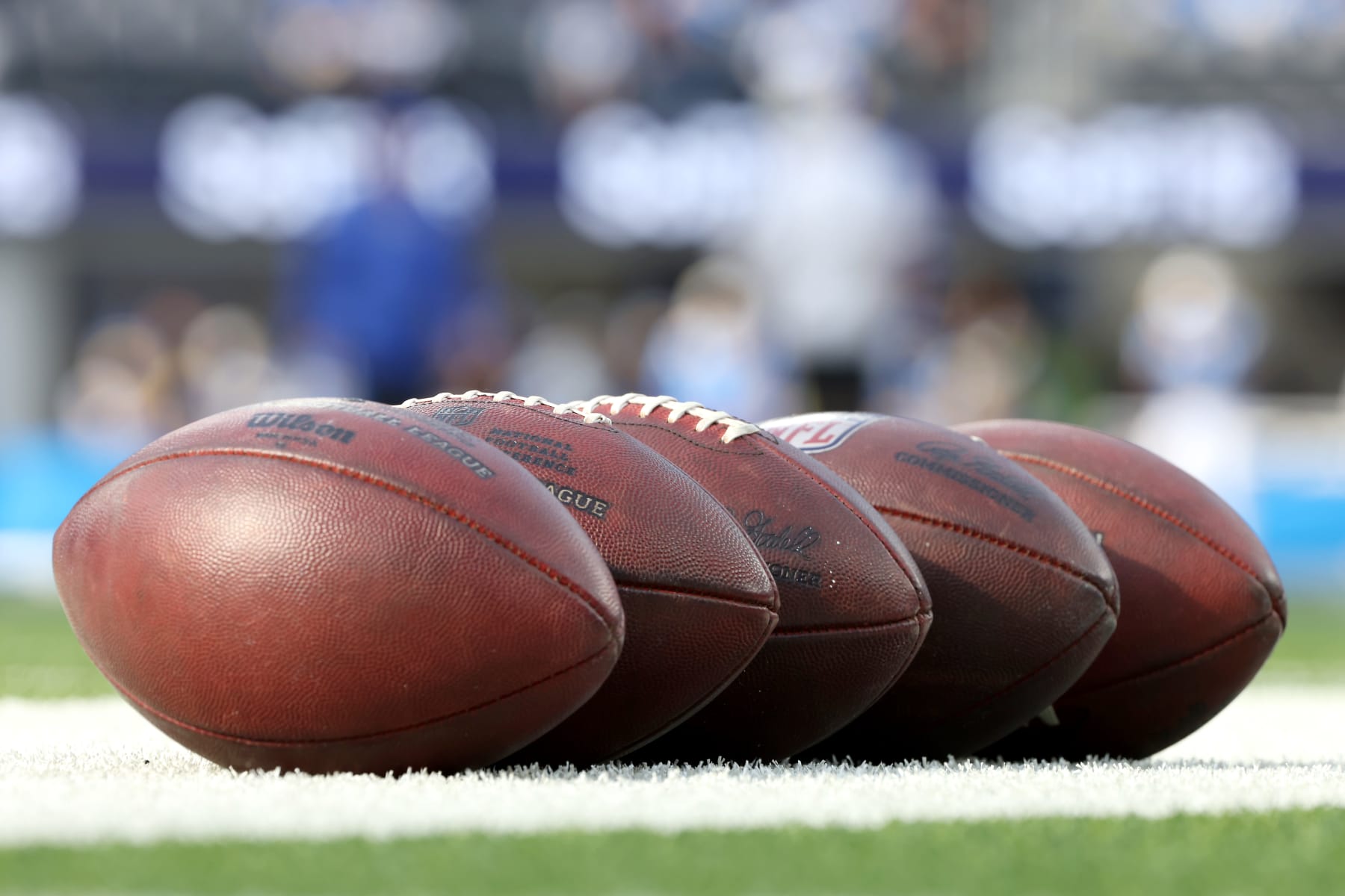 INGLEWOOD, CALIFORNIA - JANUARY 01: A detailed view of footballs on the sideline prior to the game between the Los Angeles Chargers and the Los Angeles Rams at SoFi Stadium on January 01, 2023 in Inglewood, California. (Photo by Katelyn Mulcahy/Getty Images)