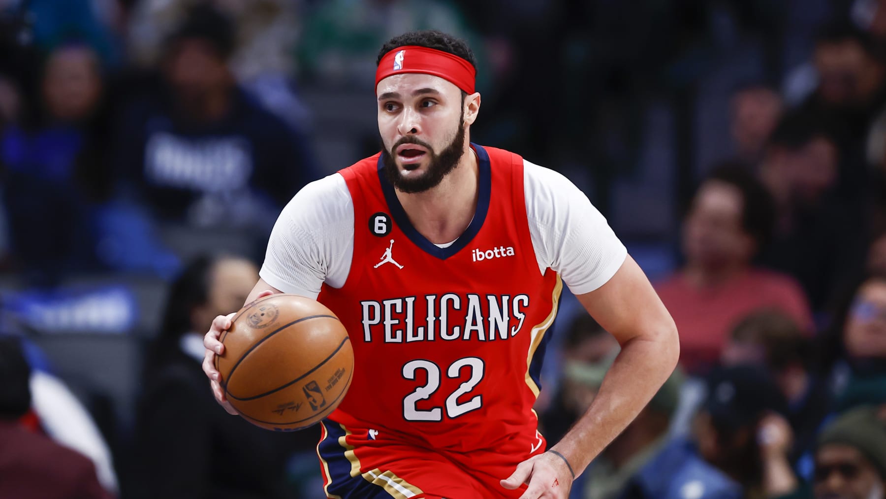 New Orleans Pelicans forward Larry Nance Jr. (22) drives down the court during the first half of an NBA basketball game against the Dallas Mavericks, Thursday, Feb. 2, 2023, in Dallas. Dallas won 111-106. (AP Photo/Brandon Wade)