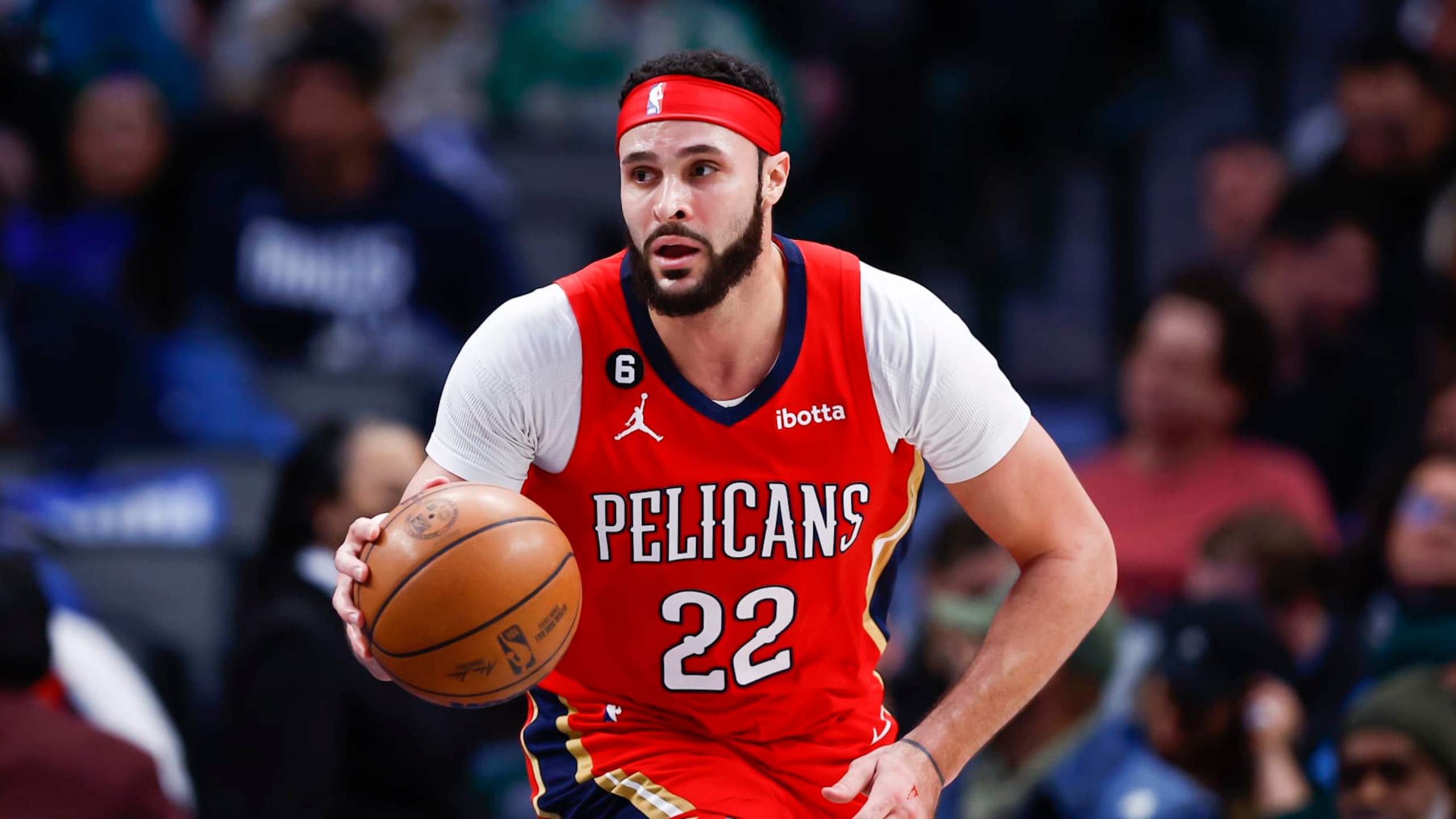 New Orleans Pelicans forward Larry Nance Jr. (22) drives down the court during the first half of an NBA basketball game against the Dallas Mavericks, Thursday, Feb. 2, 2023, in Dallas. Dallas won 111-106. (AP Photo/Brandon Wade)