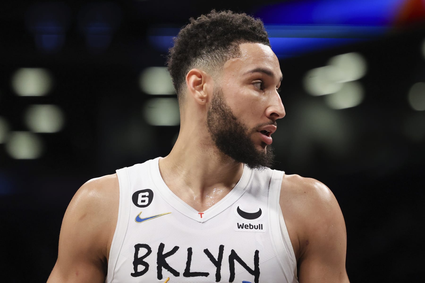 Brooklyn Nets guard Ben Simmons looks on during the first half of an NBA basketball game against the Miami Heat, Wednesday, Feb. 15, 2023, in New York. (AP Photo/Jessie Alcheh)