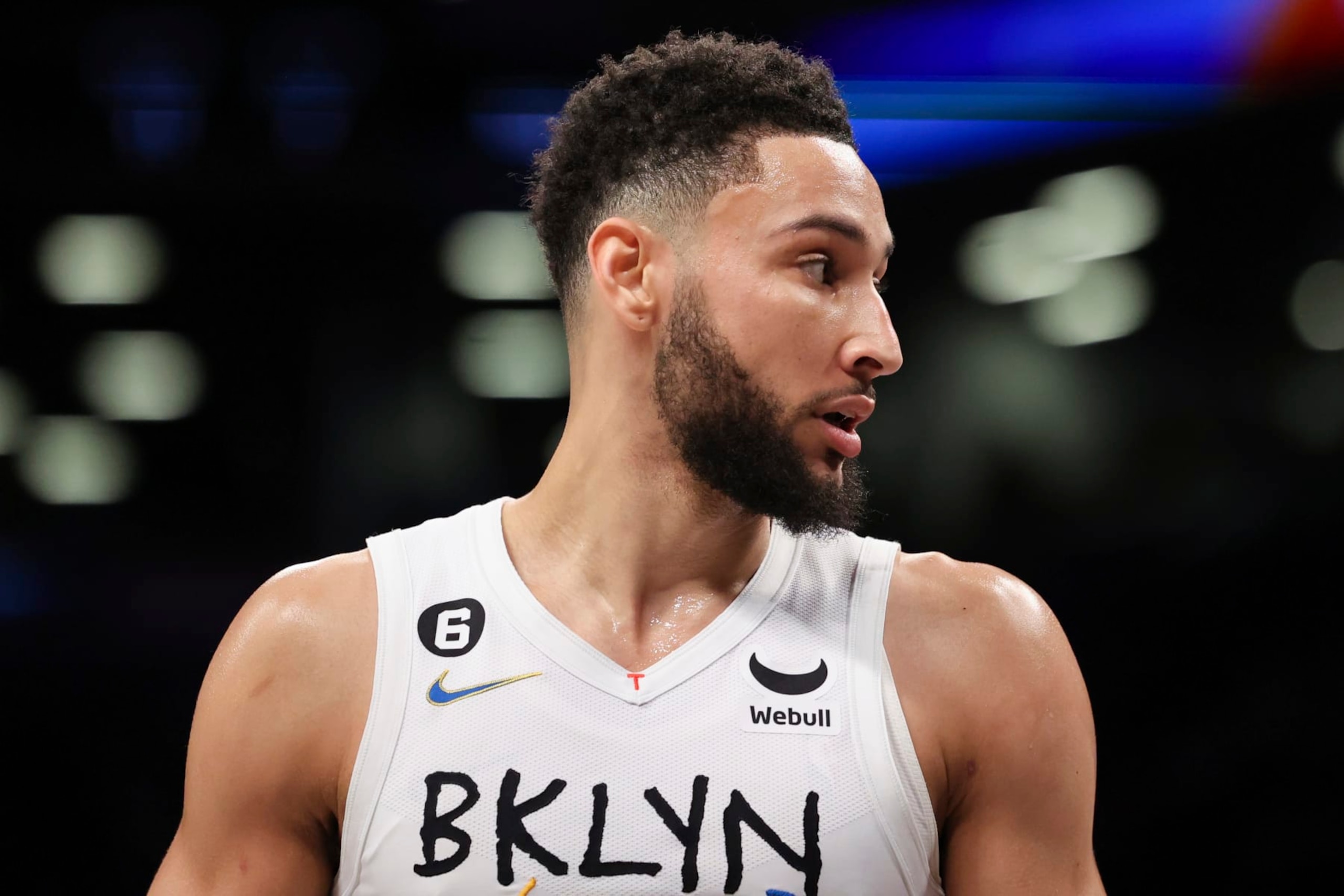 Brooklyn Nets guard Ben Simmons looks on during the first half of an NBA basketball game against the Miami Heat, Wednesday, Feb. 15, 2023, in New York. (AP Photo/Jessie Alcheh)