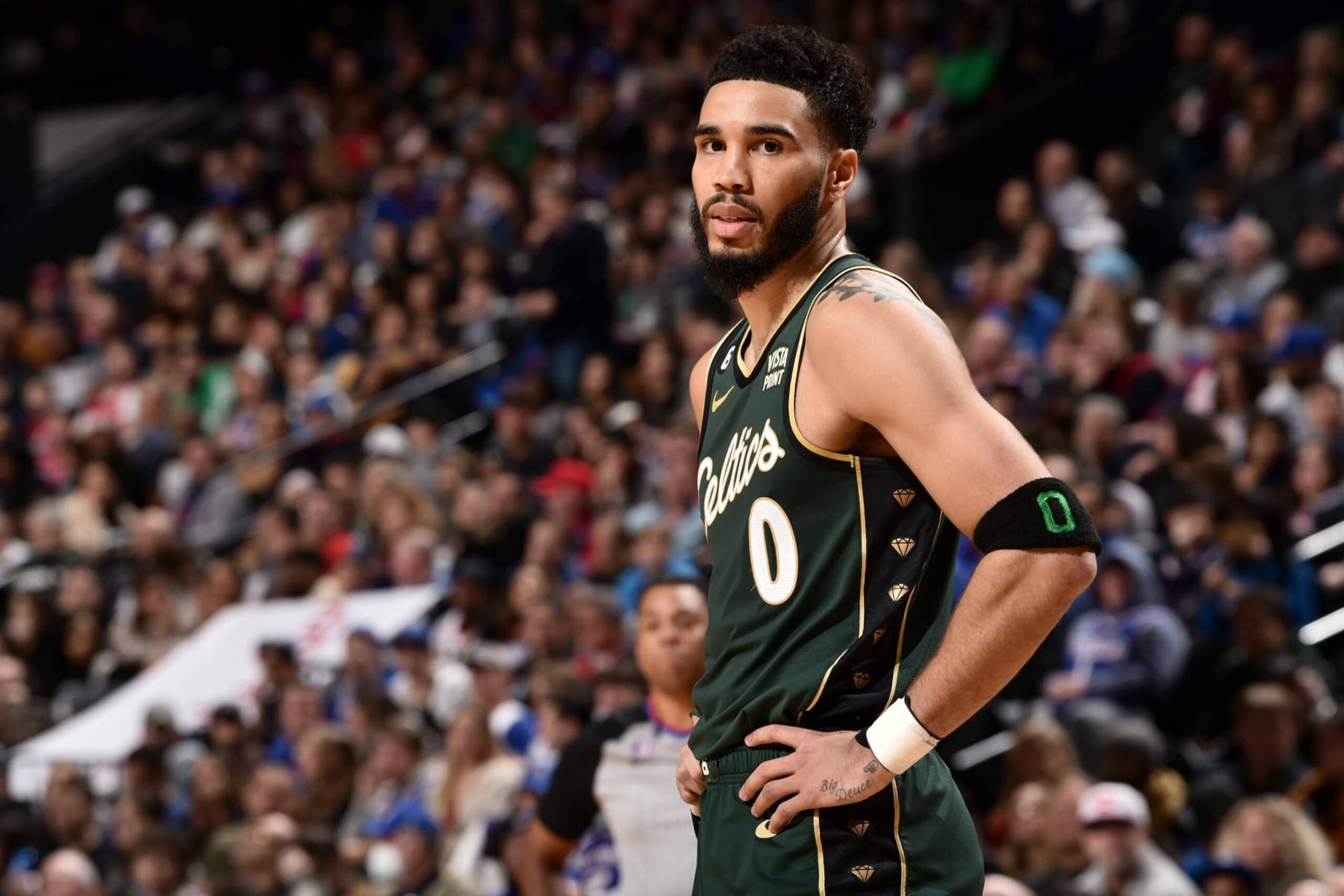 PHILADELPHIA, PA - FEBRUARY 25: Jayson Tatum #0 of the Boston Celtics looks on during the game against the Philadelphia 76ers on February 25, 2023 at the Wells Fargo Center in Philadelphia, Pennsylvania NOTE TO USER: User expressly acknowledges and agrees that, by downloading and/or using this Photograph, user is consenting to the terms and conditions of the Getty Images License Agreement. Mandatory Copyright Notice: Copyright 2023 NBAE (Photo by David Dow/NBAE via Getty Images) PHILADELPHIA, PA - FEBRUARY 25: Jayson Tatum #0 of the Boston Celtics looks on during the game against the Philadelphia 76ers on February 25, 2023 at the Wells Fargo Center in Philadelphia, Pennsylvania NOTE TO USER: User expressly acknowledges and agrees that, by downloading and/or using this Photograph, user is consenting to the terms and conditions of the Getty Images License Agreement. Mandatory Copyright Notice: Copyright 2023 NBAE (Photo by David Dow/NBAE via Getty Images)