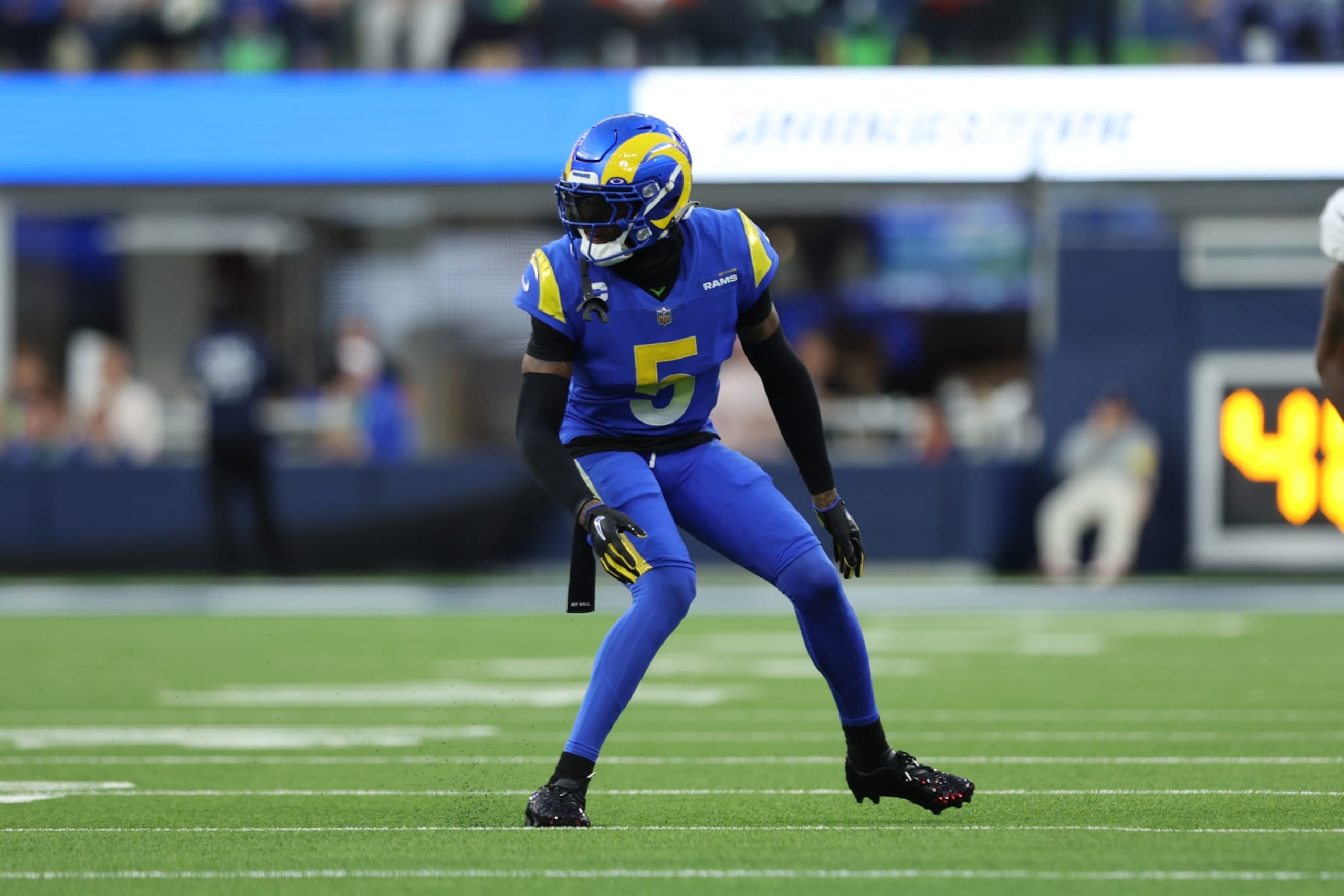 INGLEWOOD, CA - DECEMBER 25: Los Angeles Rams cornerback Jalen Ramsey (5) drops back into coverage during the NFL game between the Denver Broncos and the Los Angeles Rams on December 25, 2022, at SoFi Stadium in Inglewood, CA. (Photo by Jordon Kelly/Icon Sportswire via Getty Images)