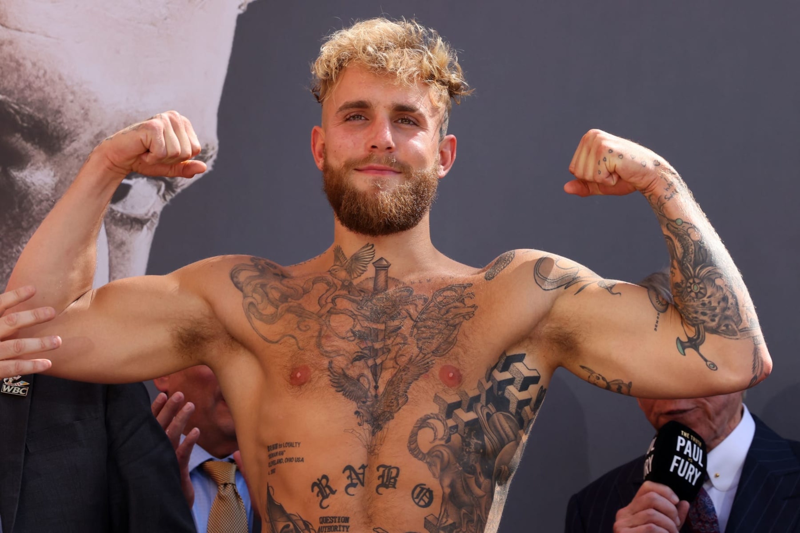 Boxer Jake Paul is pictured during a weigh-in event, a day before his match against Tommy Fury (not pictured) in Riyadh, on February 25, 2023. (Photo by Fayez Nureldine / AFP) (Photo by FAYEZ NURELDINE/AFP via Getty Images)