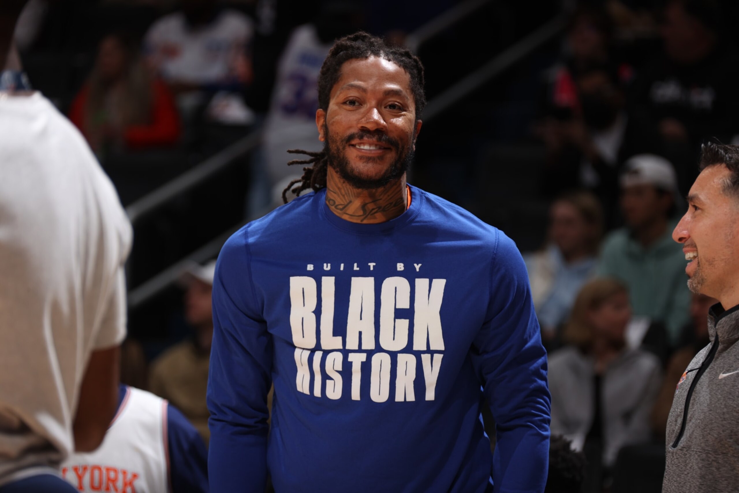 WASHINGTON, DC -  FEBRUARY 24: Derrick Rose #4 of the New York Knicks smiles before the game against the Washington Wizards on February 24, 2023 at Capital One Arena in Washington, DC. NOTE TO USER: User expressly acknowledges and agrees that, by downloading and or using this Photograph, user is consenting to the terms and conditions of the Getty Images License Agreement. Mandatory Copyright Notice: Copyright 2023 NBAE (Photo by Stephen Gosling/NBAE via Getty Images)