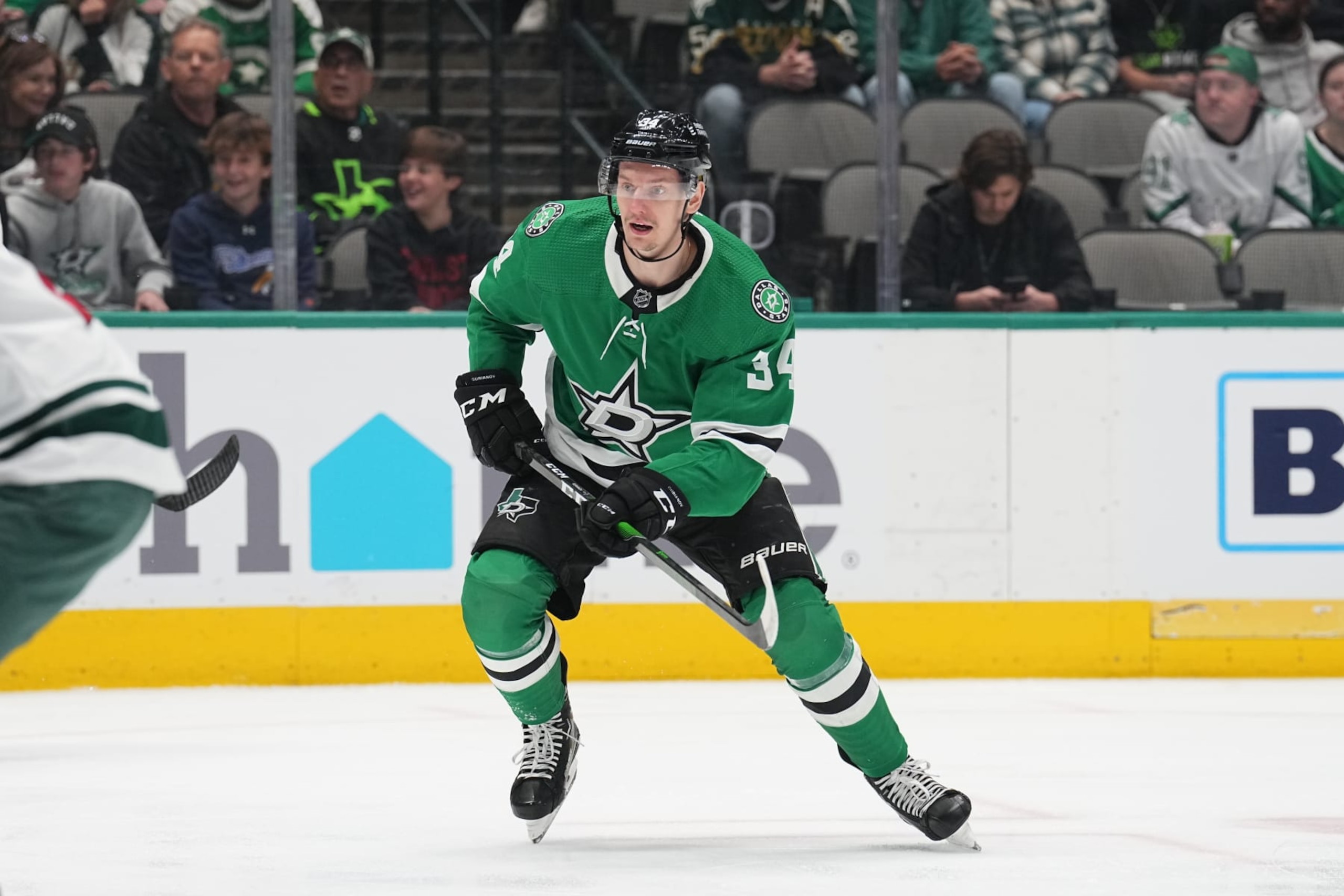 DALLAS, TX - FEBRUARY 8: Denis Gurianov #34 of the Dallas Stars skates against the Minnesota Wild at the American Airlines Center on February 8, 2023 in Dallas, Texas. (Photo by Glenn James/NHLI via Getty Images)