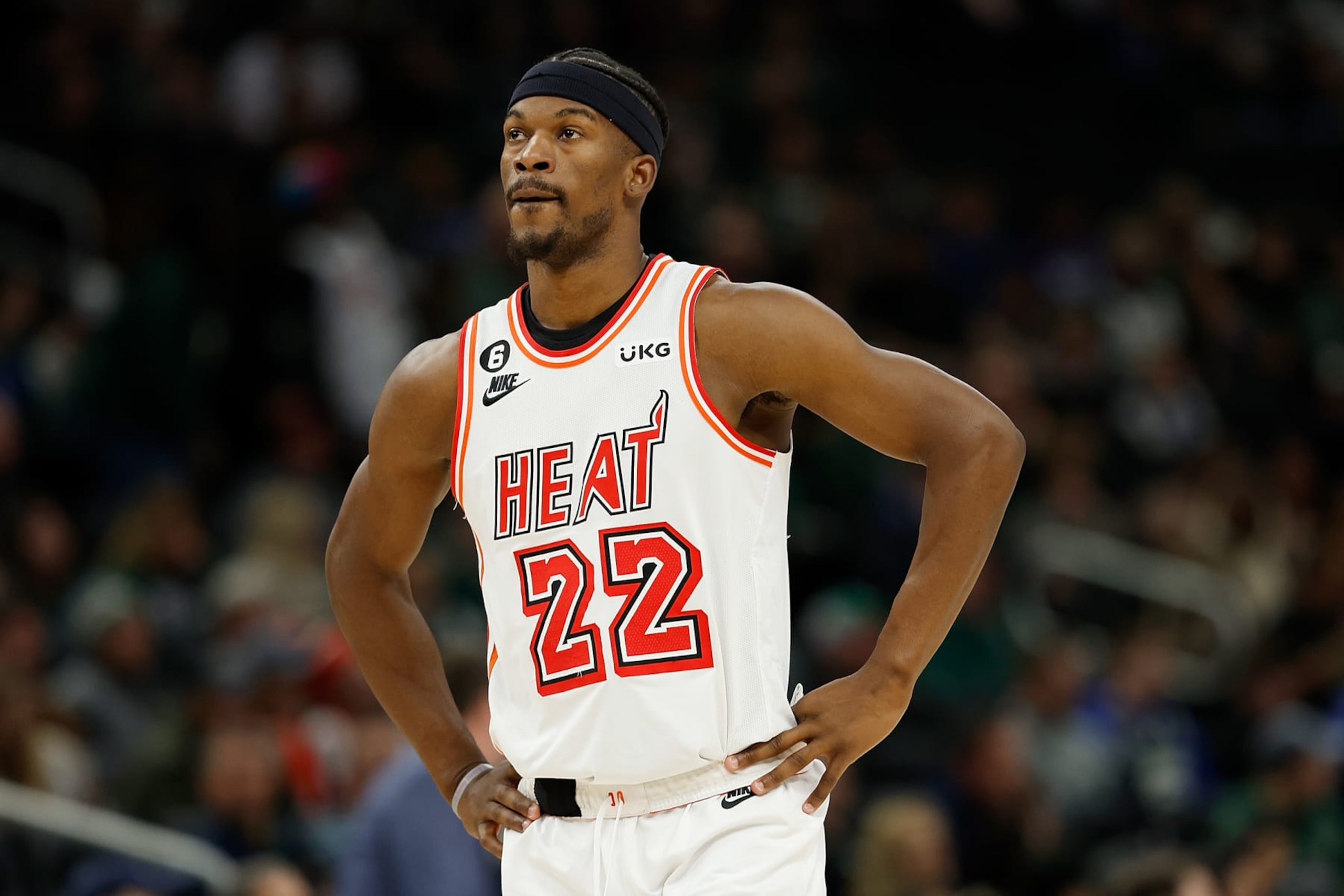 MILWAUKEE, WISCONSIN - FEBRUARY 24: Jimmy Butler #22 of the Miami Heat looks on during the second half of the game against the Milwaukee Bucks at Fiserv Forum on February 24, 2023 in Milwaukee, Wisconsin. NOTE TO USER: User expressly acknowledges and agrees that, by downloading and or using this photograph, User is consenting to the terms and conditions of the Getty Images License Agreement. (Photo by John Fisher/Getty Images)