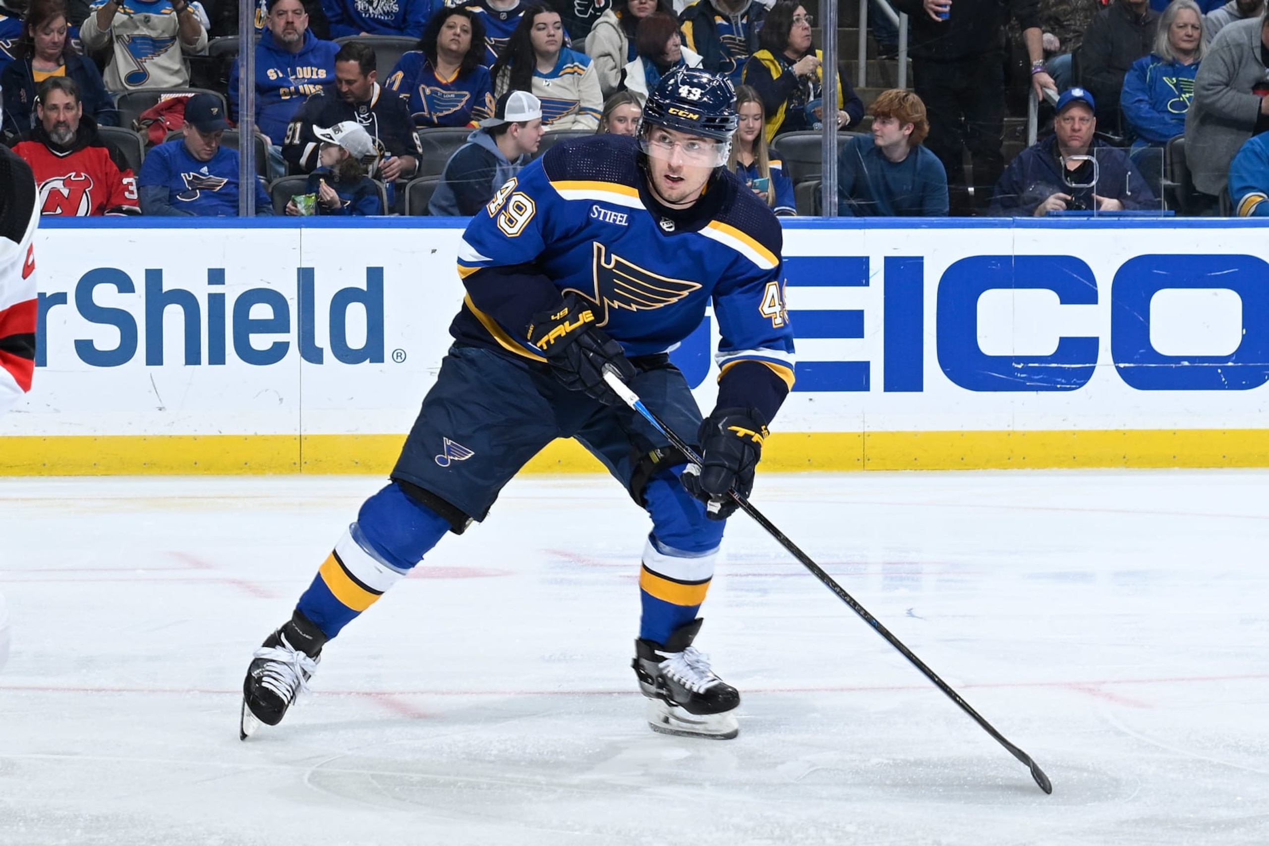 ST. LOUIS, MO - FEBRUARY 16: Ivan Barbashev #49 of the St. Louis Blues in action against the New Jersey Devils at the Enterprise Center on February 16, 2023 in St. Louis, Missouri. (Photo by Joe Puetz/NHLI via Getty Images)