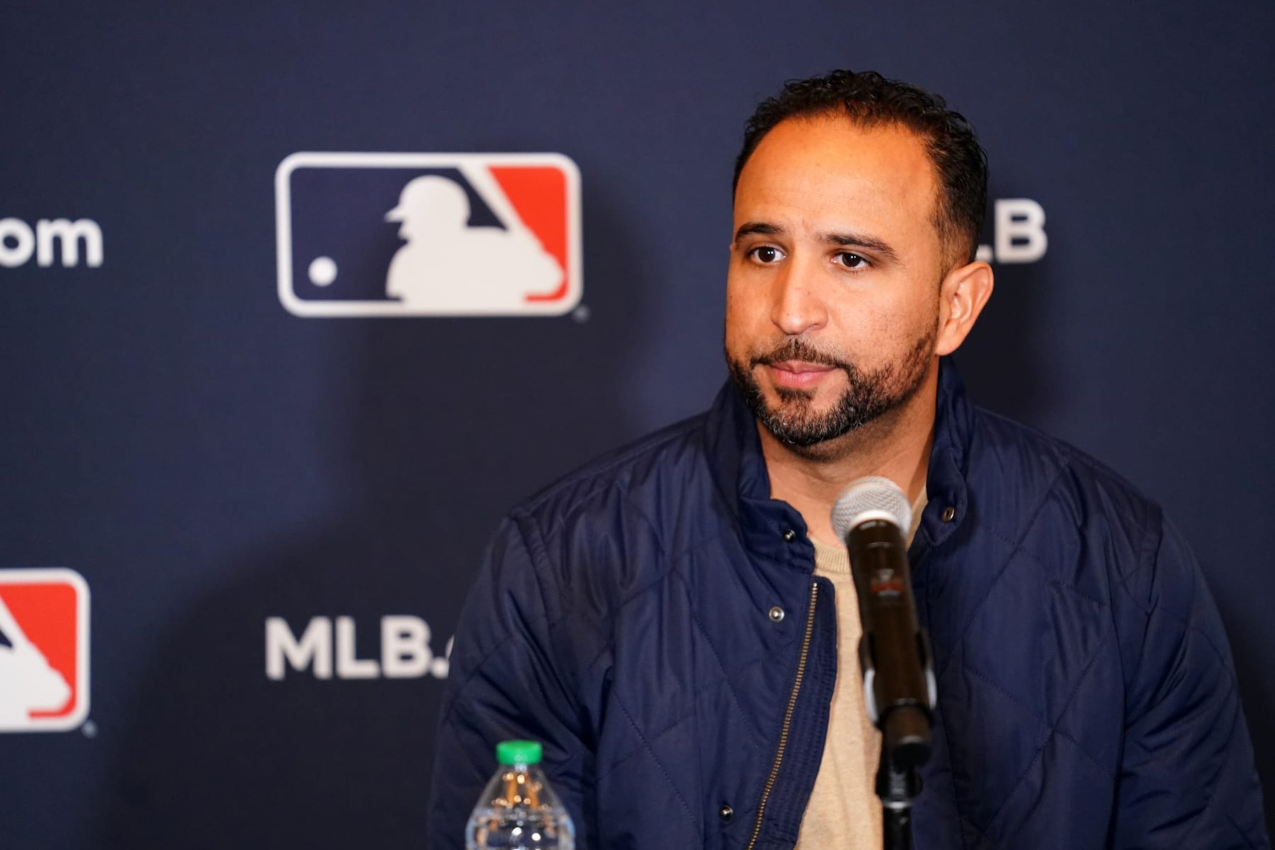 SAN DIEGO, CA - DECEMBER 06: Manager Oliver Marmol #37 of the St. Louis Cardinals speaks to the media during the Manager Media Availabilities at Manchester Grand Hyatt on Tuesday, December 6, 2022 in San Diego, California. (Photo by Daniel Shirey/MLB Photos via Getty Images)