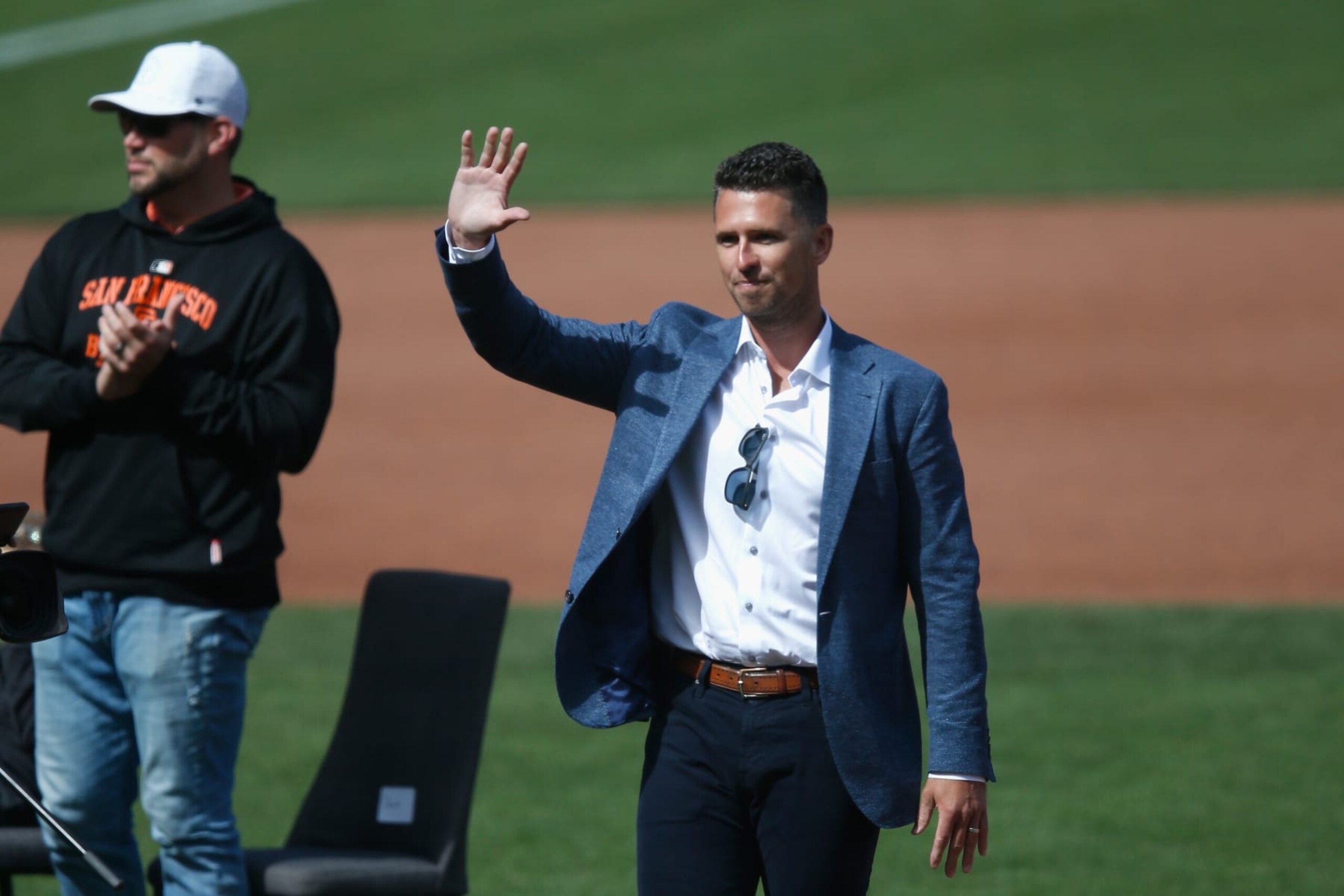 SAN FRANCISCO, CALIFORNIA - MAY 07: Retired San Francisco Giants player Buster Posey speaks during a ceremony for his retirement before the game between the San Francisco Giants and the St. Louis Cardinals at Oracle Park on May 07, 2022 in San Francisco, California. (Photo by Lachlan Cunningham/Getty Images)