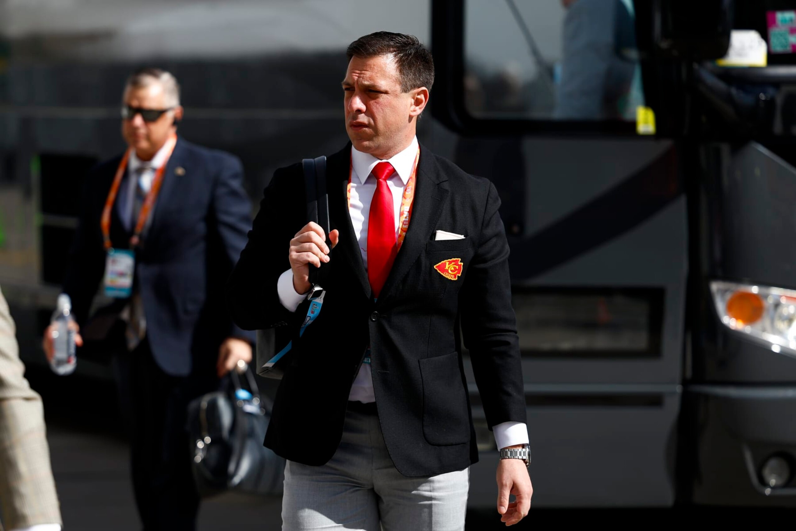 GLENDALE, AZ - FEBRUARY 12: Brett Veach of the Kansas City Chiefs arrives prior to Super Bowl LVII against the Philadelphia Eagles at State Farm Stadium on February 12, 2023 in Glendale, Arizona. (Photo by Kevin Sabitus/Getty Images)
