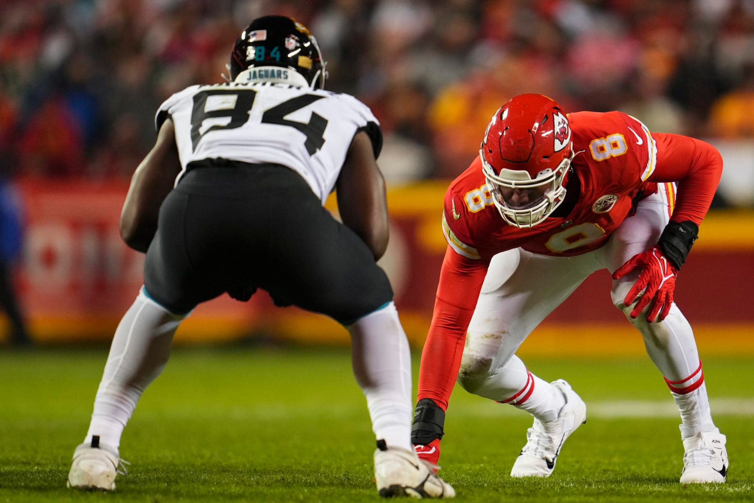 KANSAS CITY, MO - JANUARY 21: Carlos Dunlap #8 of the Kansas City Chiefs gets set against the Jacksonville Jaguars at GEHA Field at Arrowhead Stadium on January 21, 2023 in Kansas City, Missouri. (Photo by Cooper Neill/Getty Images)