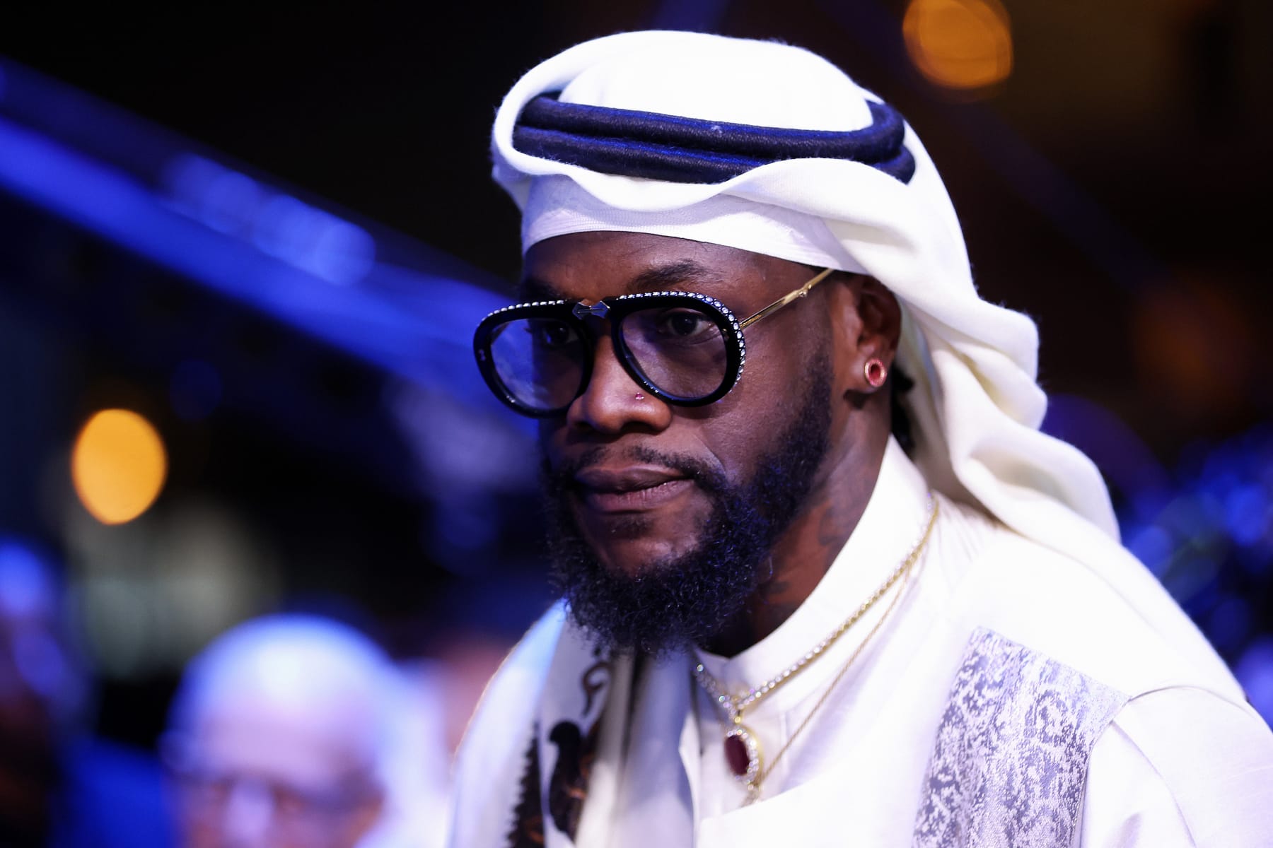 RIYADH, SAUDI ARABIA - FEBRUARY 26: Boxer Deontay Wilder looks on prior to the Cruiserweight Title fight between Jake Paul and Tommy Fury at the Diriyah Arena on February 26, 2023 in Riyadh, Saudi Arabia. (Photo by Francois Nel/Getty Images)