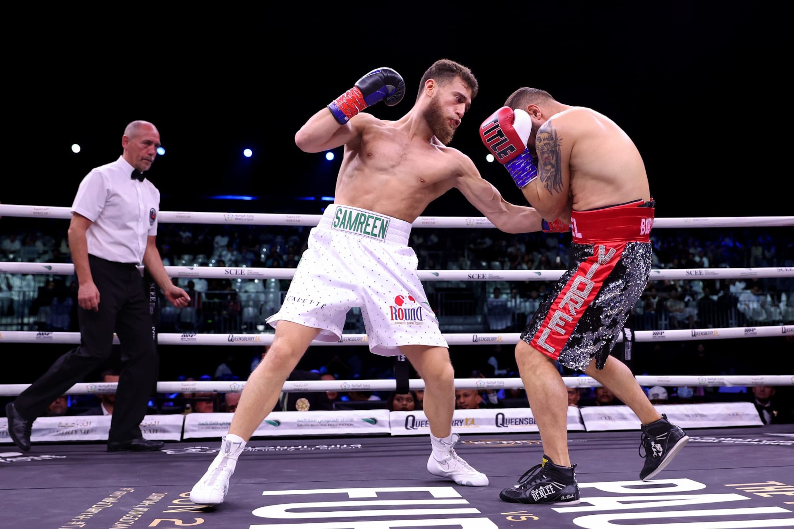 RIYADH, SAUDI ARABIA - FEBRUARY 26: Badr Al Samreen punches Viorel Simion during the Super-Lightweight fight between Badr Al Samreen and Viorel Simion at the Diriyah Arena on February 26, 2023 in Riyadh, Saudi Arabia. (Photo by Francois Nel/Getty Images)