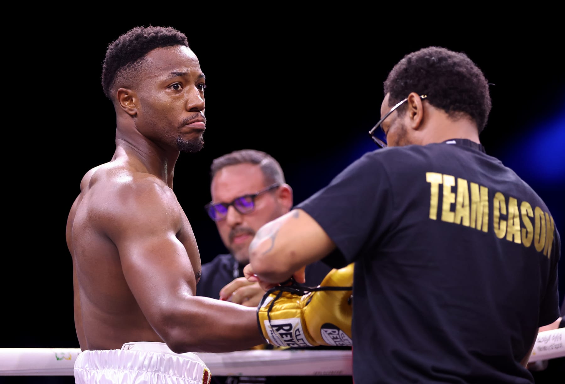 RIYADH, SAUDI ARABIA - FEBRUARY 26: Muhsin Cason looks on after defeating Taryel Jafarov during the Cruiserweight fight between Muhsin Cason and Taryel Jafarov at the Diriyah Arena on February 26, 2023 in Riyadh, Saudi Arabia. (Photo by Francois Nel/Getty Images)