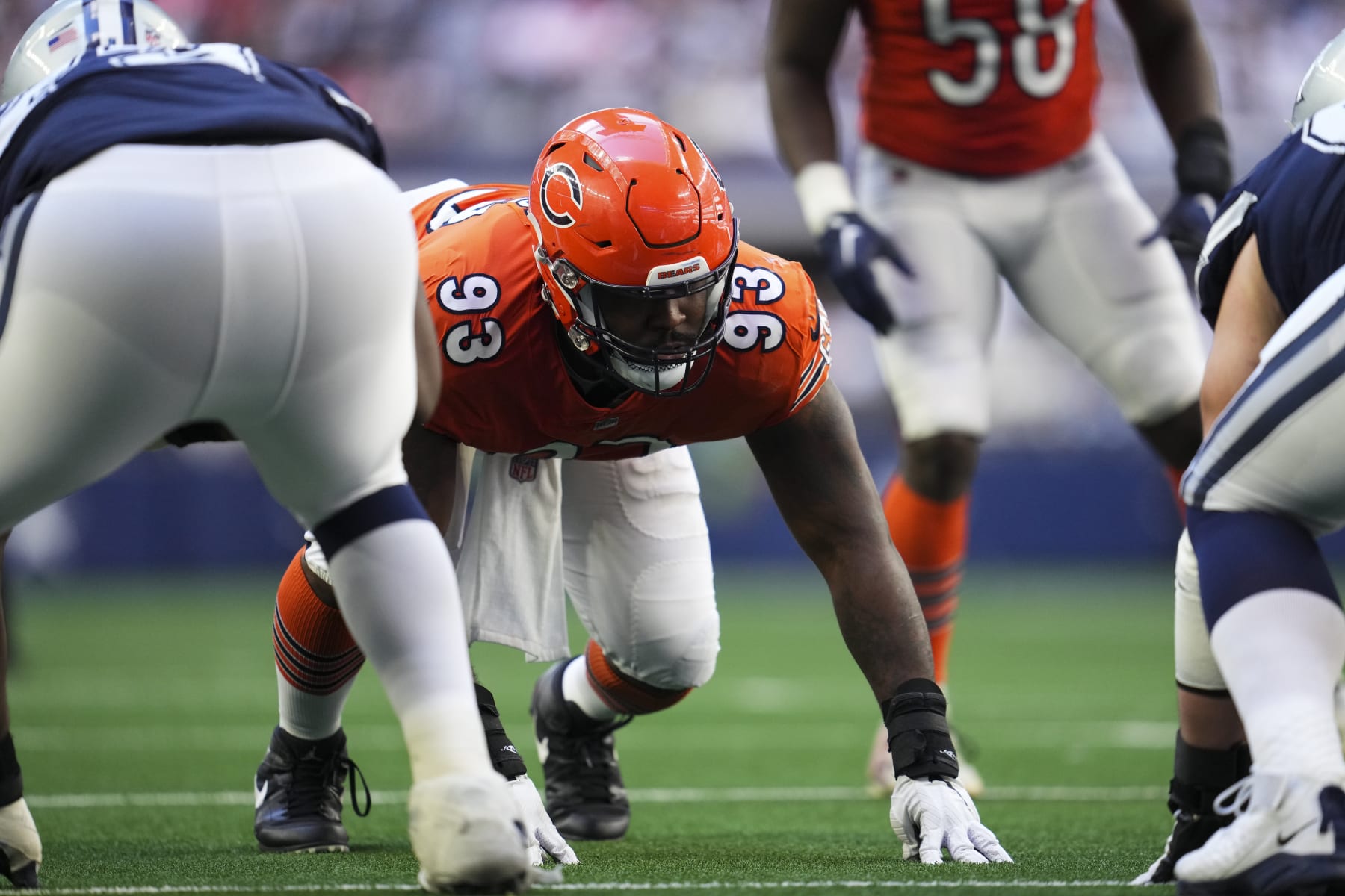 ARLINGTON, TX - OCTOBER 30: Justin Jones #93 of the Chicago Bears gets set against the Dallas Cowboys at AT&T Stadium on October 30, 2022 in Arlington, Texas. (Photo by Cooper Neill/Getty Images)