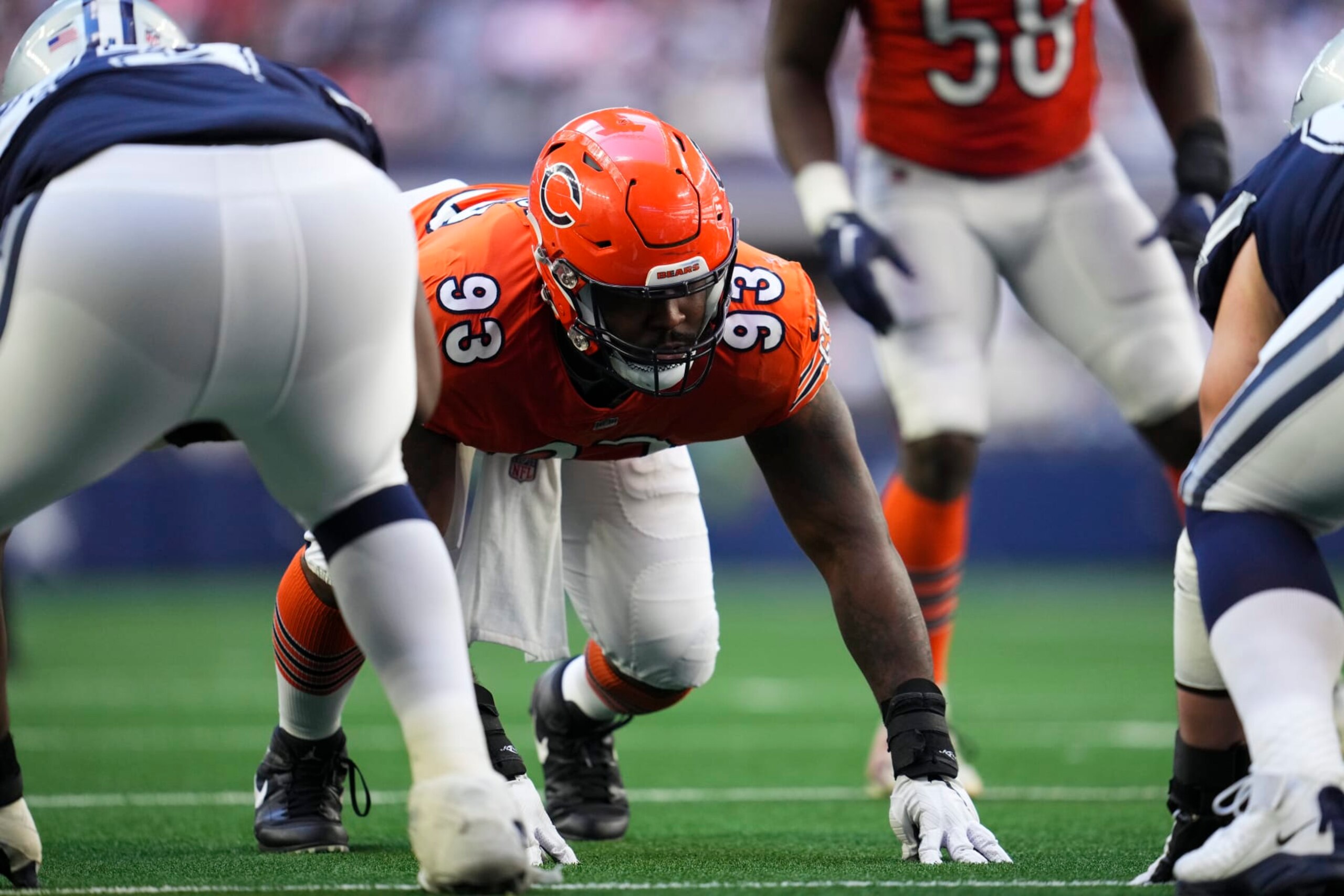 ARLINGTON, TX - OCTOBER 30: Justin Jones #93 of the Chicago Bears gets set against the Dallas Cowboys at AT&T Stadium on October 30, 2022 in Arlington, Texas. (Photo by Cooper Neill/Getty Images)
