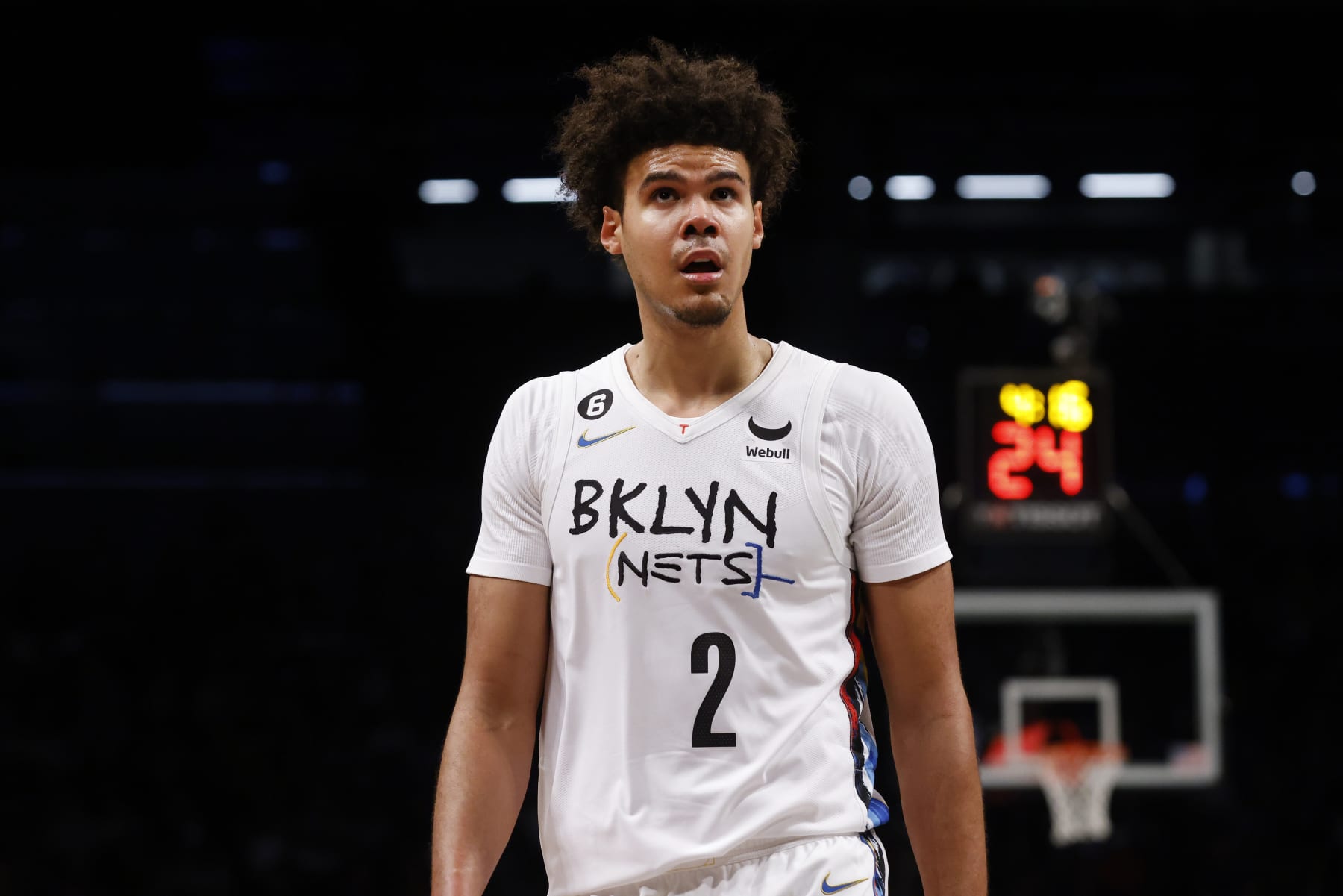 Brooklyn Nets' Cam Johnson (2) walks up the court during the third quarter of an NBA basketball game against the Philadelphia 76ers Saturday, Feb. 11, 2023, in New York. (AP Photo/Jason DeCrow)