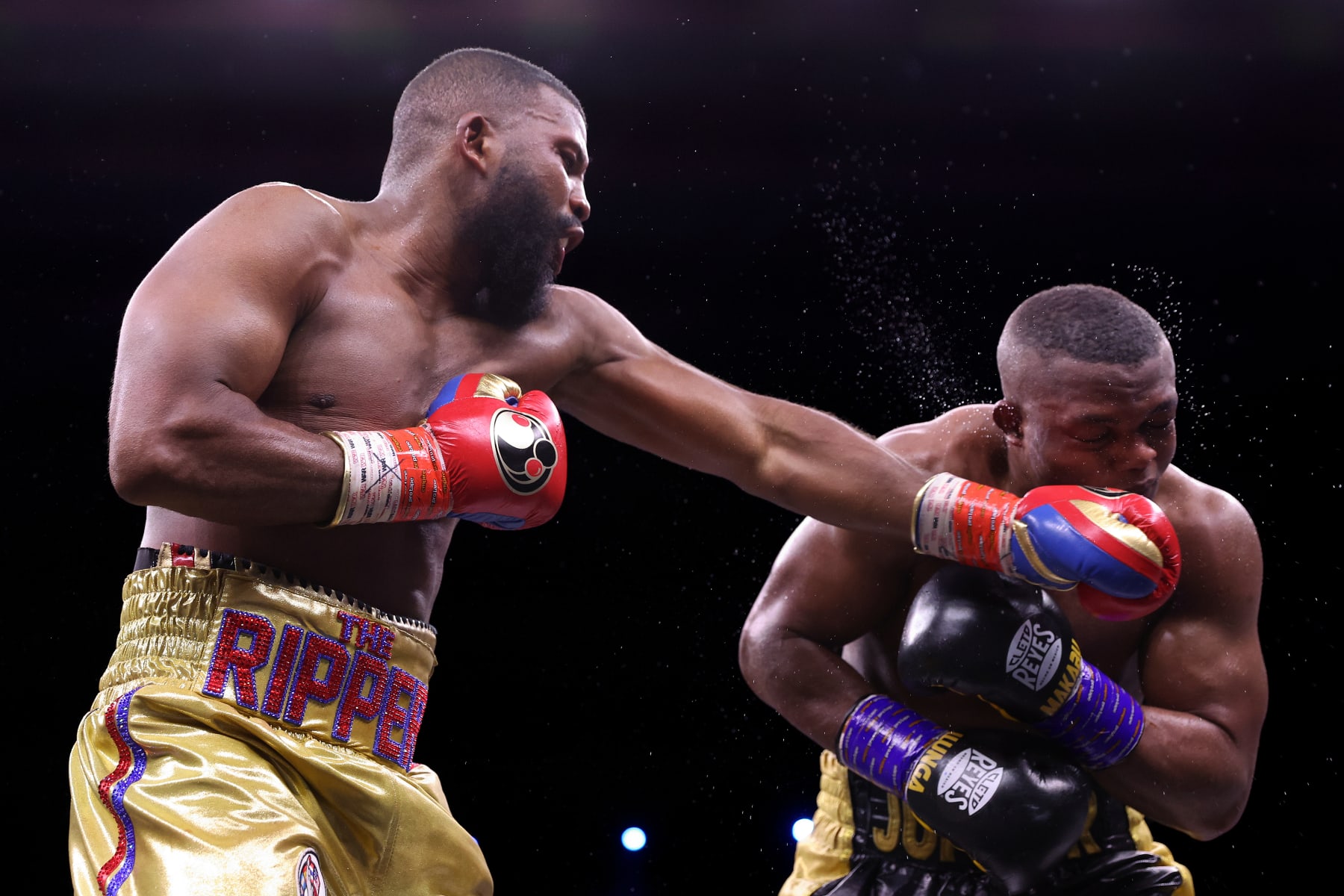 RIYADH, SAUDI ARABIA - FEBRUARY 26: Badou Jack punches Ilunga Makabu during the Cruiserweight fight between Badou Jack and Ilunga Makabu at the Diriyah Arena on February 26, 2023 in Riyadh, Saudi Arabia. (Photo by Francois Nel/Getty Images)