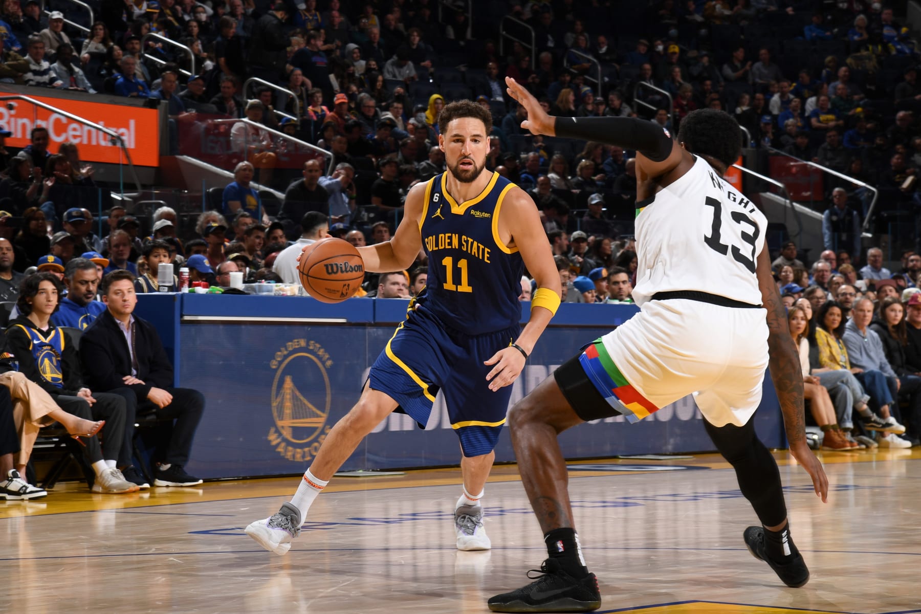 SAN FRANCISCO, CA - FEBRUARY 26: Klay Thompson #11 of the Golden State Warriors moves the ball during the game against the Minnesota Timberwolves on February 26, 2023 at Chase Center in San Francisco, California. NOTE TO USER: User expressly acknowledges and agrees that, by downloading and or using this photograph, user is consenting to the terms and conditions of Getty Images License Agreement. Mandatory Copyright Notice: Copyright 2023 NBAE (Photo by Noah Graham/NBAE via Getty Images)