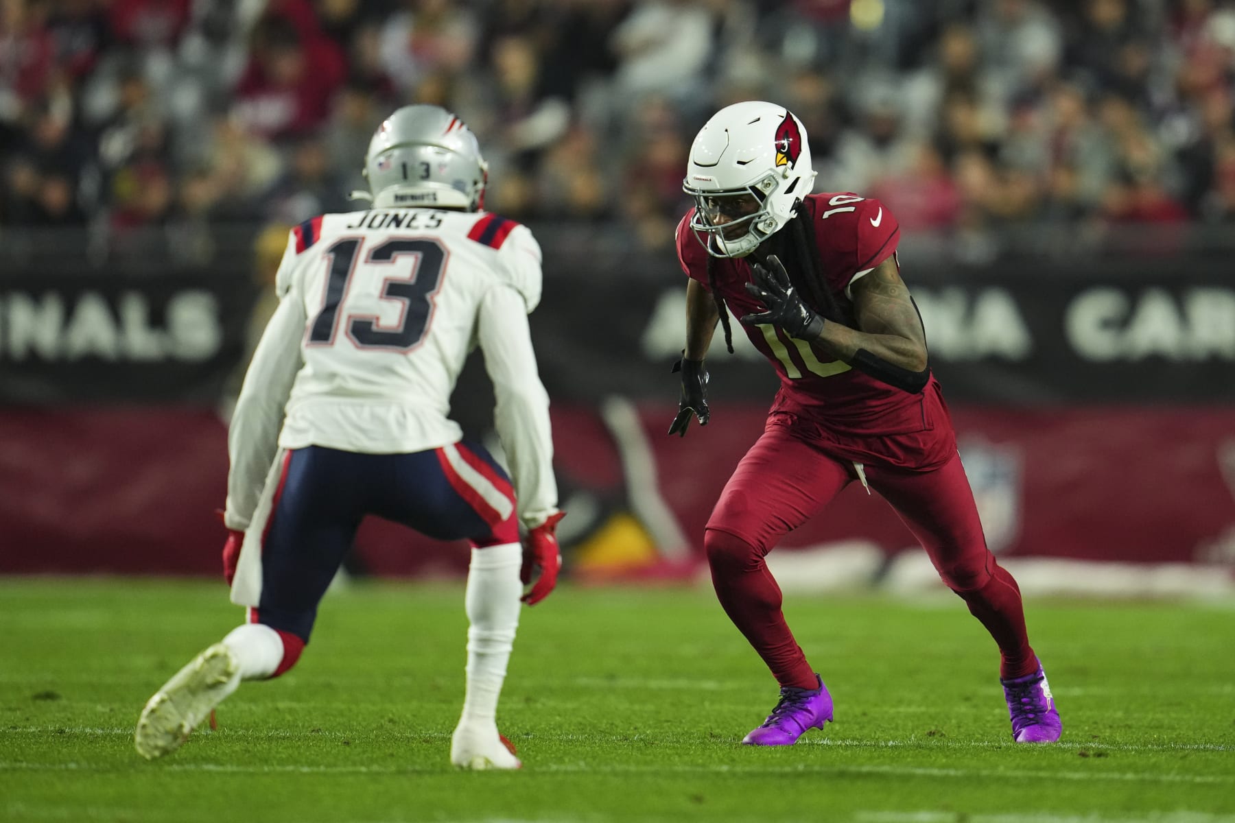 GLENDALE, AZ - DECEMBER 12: DeAndre Hopkins #10 of the Arizona Cardinals plays the field against the New England Patriots at State Farm Stadium on December 12, 2022 in Glendale, Arizona. (Photo by Cooper Neill/Getty Images)