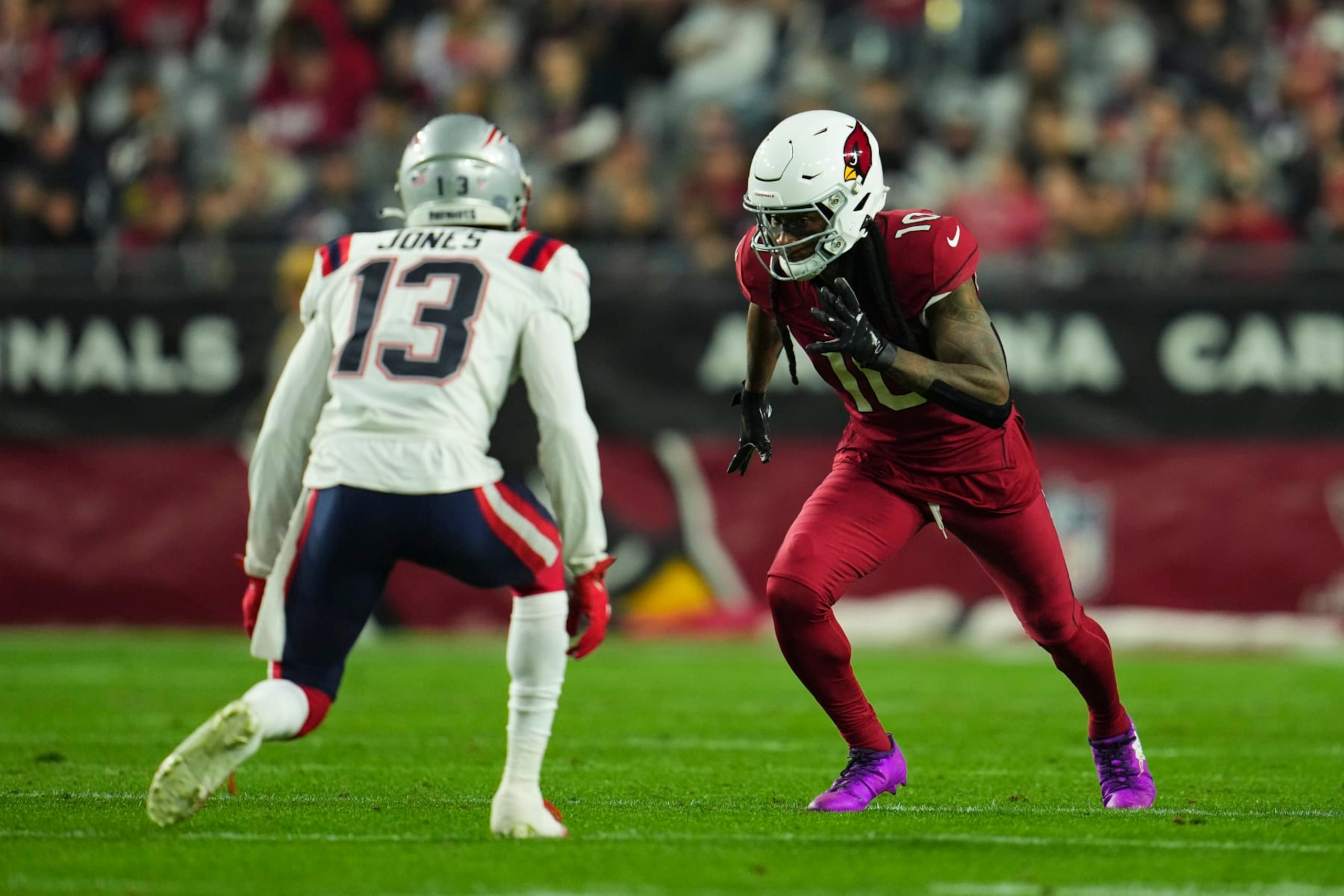GLENDALE, AZ - DECEMBER 12: DeAndre Hopkins #10 of the Arizona Cardinals plays the field against the New England Patriots at State Farm Stadium on December 12, 2022 in Glendale, Arizona. (Photo by Cooper Neill/Getty Images)