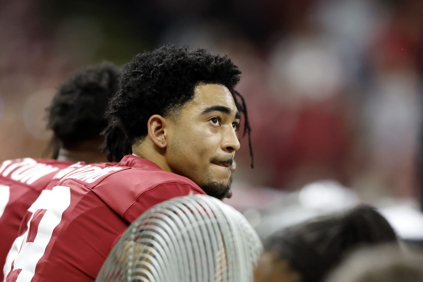 Alabama quarterback Bryce Young watches from the sideline during the second half of the Sugar Bowl NCAA college football game against Kansas State Saturday, Dec. 31, 2022, in New Orleans. (AP Photo/Butch Dill)