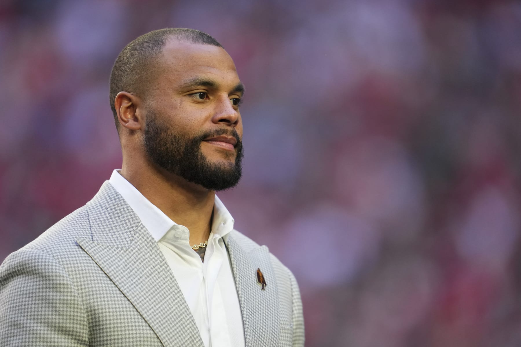 GLENDALE, AZ - FEBRUARY 12: Dak Prescott, Walter Payton Man of the Year, makes a pregame appearance prior to Super Bowl LVII between the Kansas City Chiefs and the Philadelphia Eagles at State Farm Stadium on February 12, 2023 in Glendale, Arizona. (Photo by Cooper Neill/Getty Images)